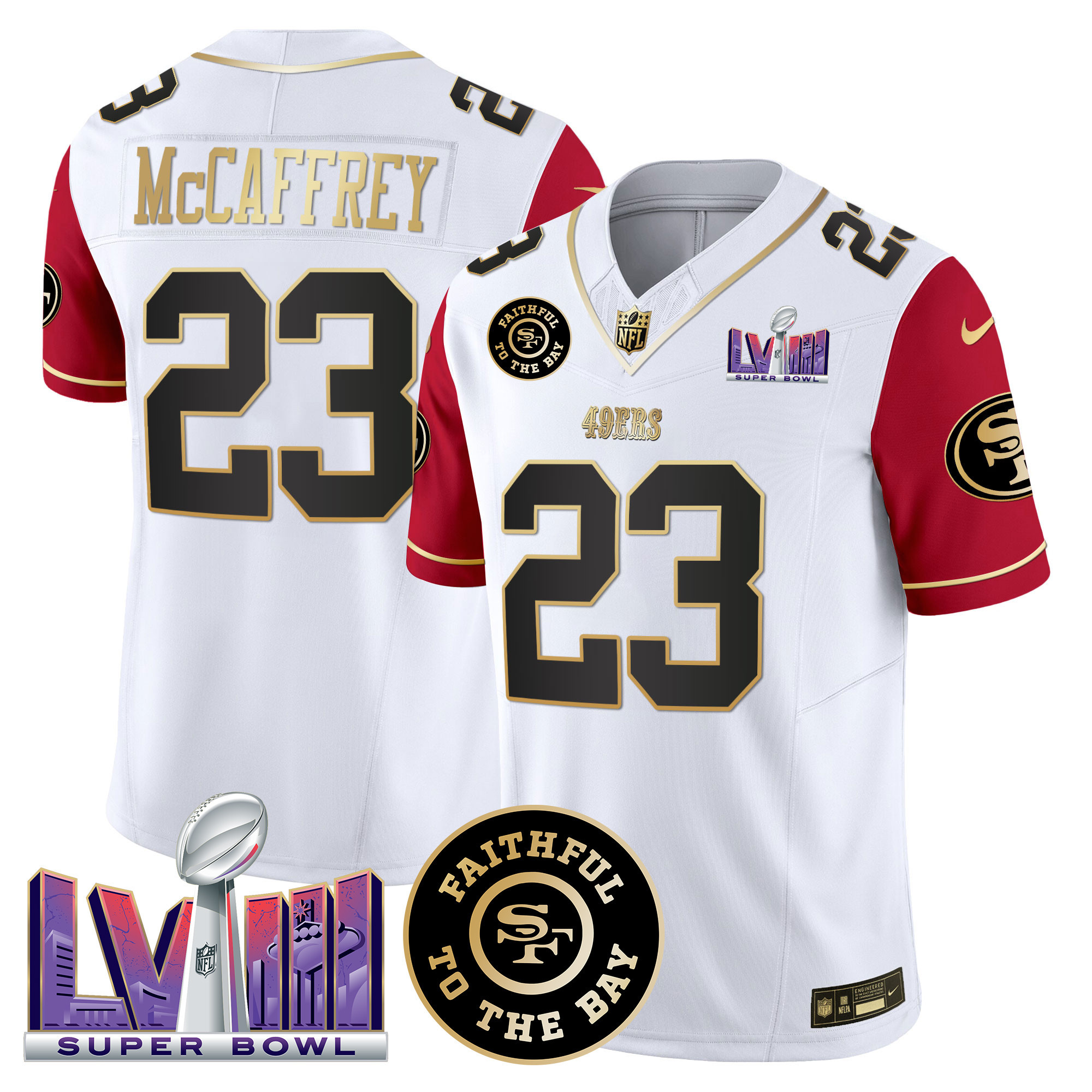 Christian McCaffrey Men's San Francisco 49ers  Faithful & Super Bowl LVIII Patch Vapor Color Sleeves Jersey - All Stitched