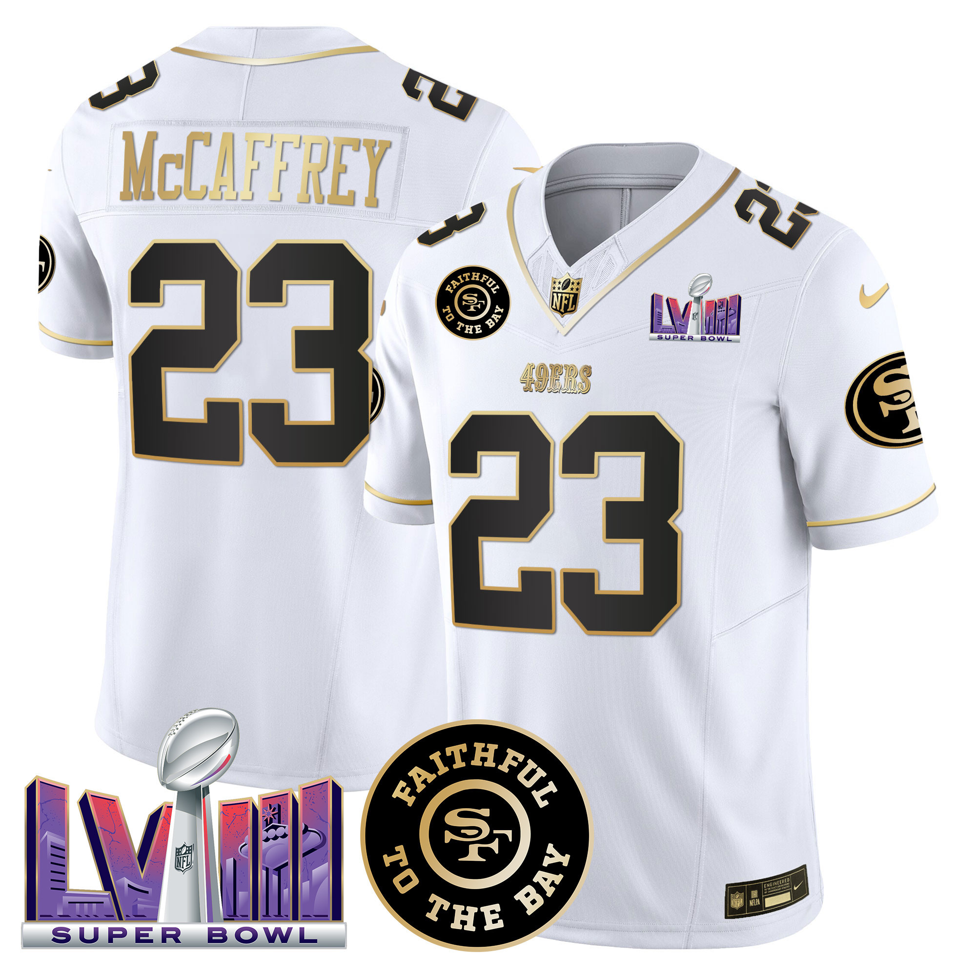 Christian McCaffrey Men's San Francisco 49ers  Faithful & Super Bowl LVIII Patch Vapor White Gold Jersey - All Stitched