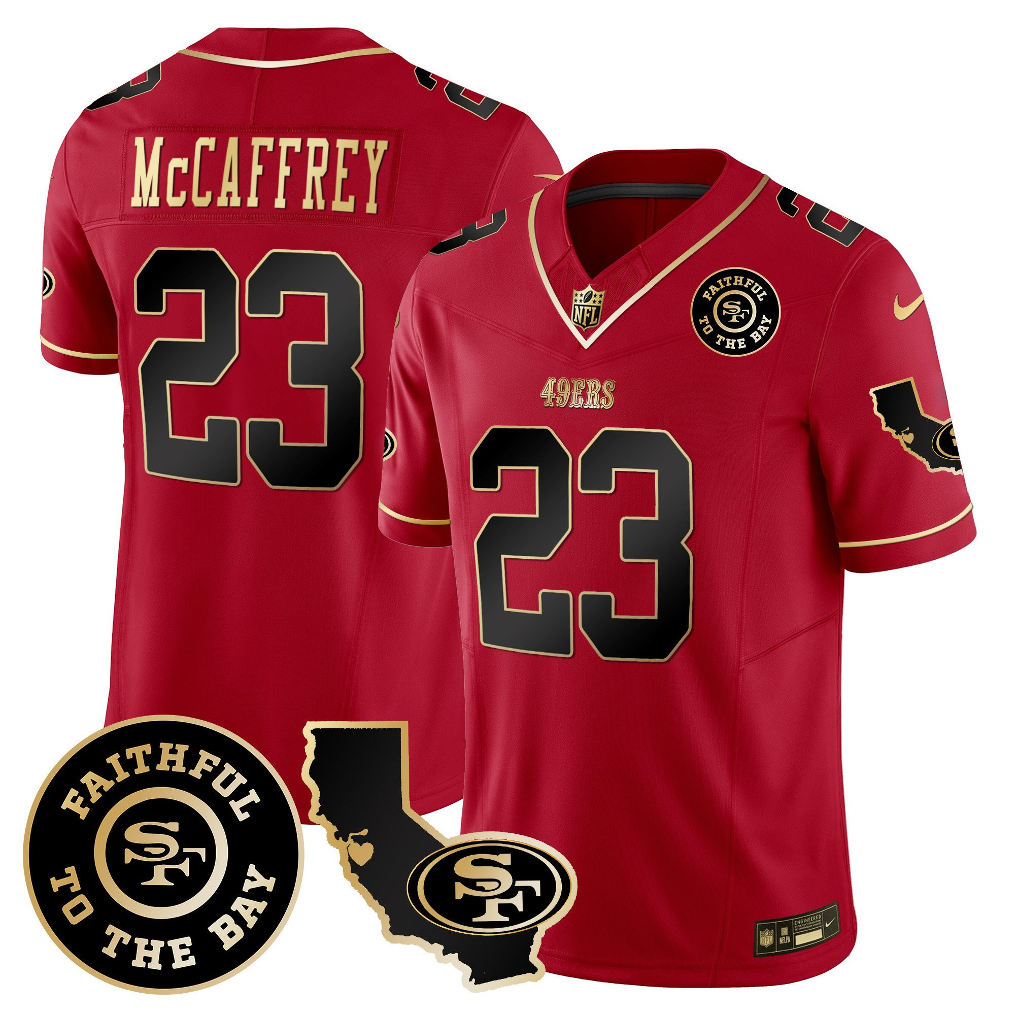 Christian McCaffrey San Francisco 49ers Faithful & California Patch Vapor Red Jersey - All Stitched