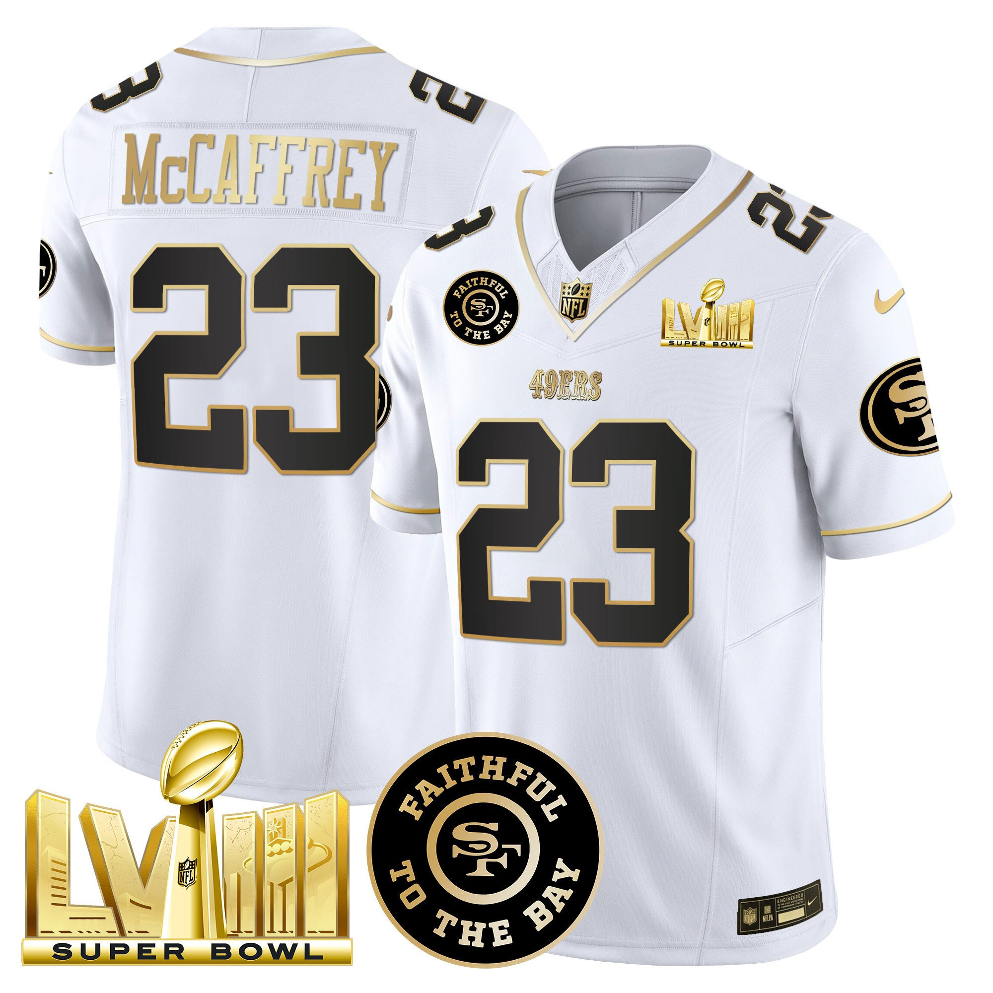 Christian McCaffrey San Francisco 49ers Faithful & Super Bowl LVIII Gold Patch Vapor White Jersey - All Stitched