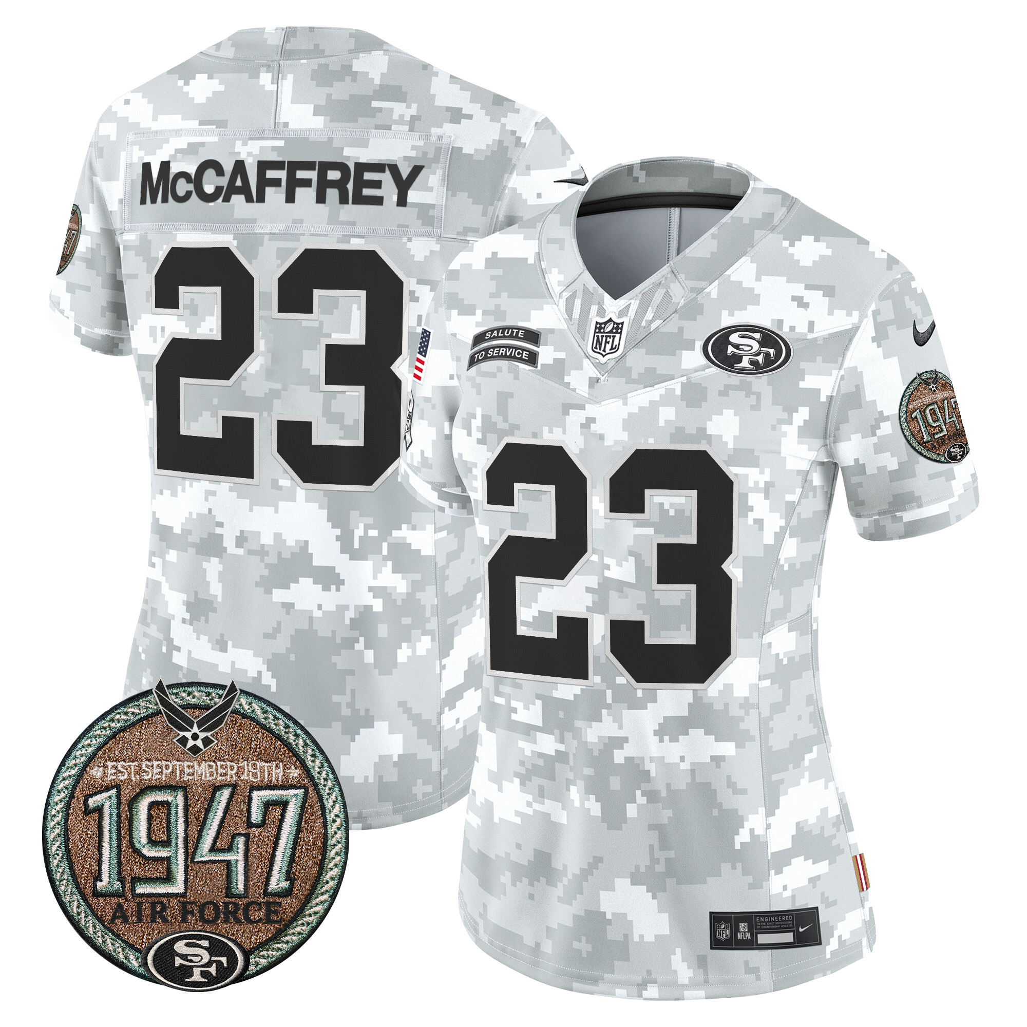 Christian McCaffrey Women's San Francisco 49ers 2024 Salute to Service Establishment Year Patch Vapor Limited Air Force Jersey - All Stitched