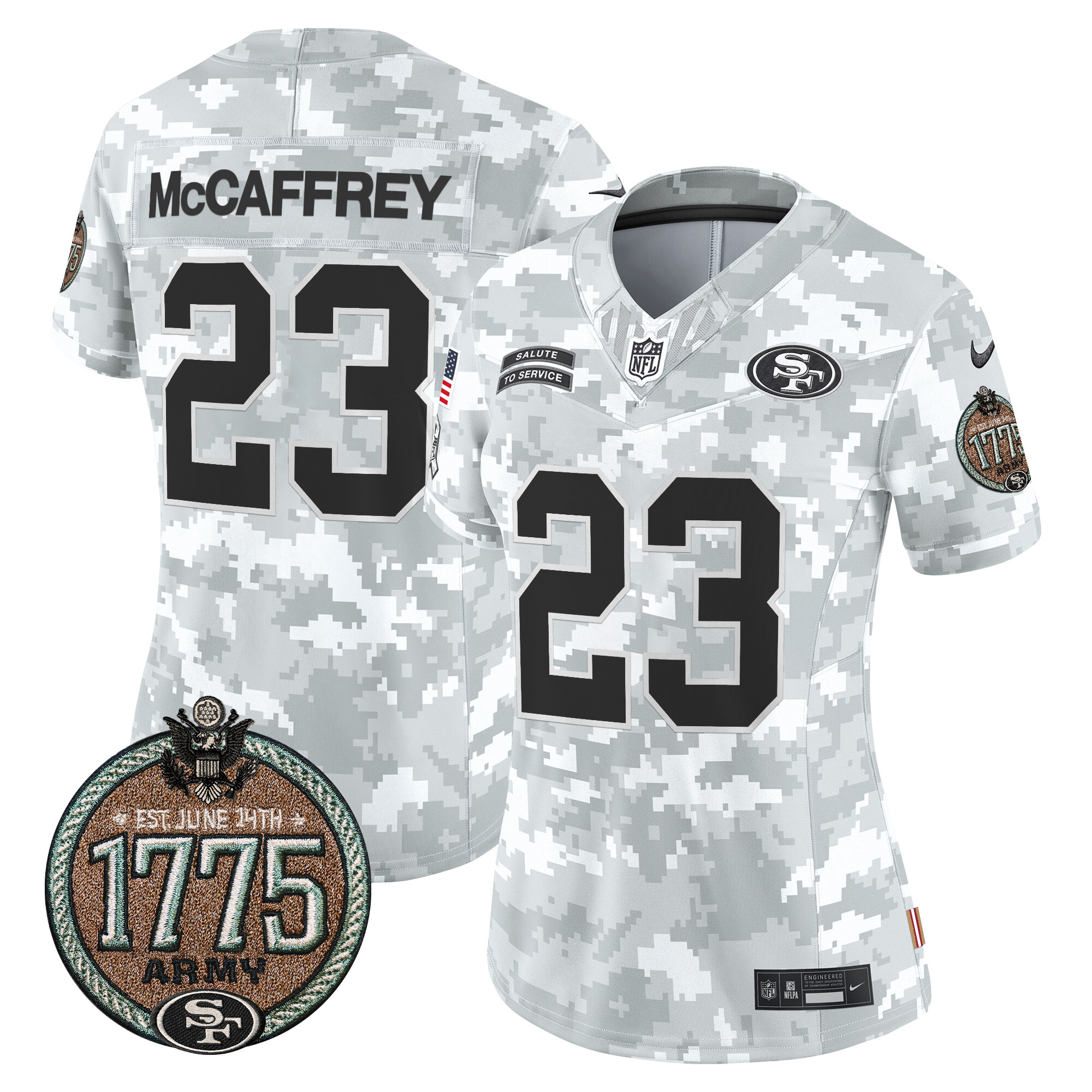 Christian McCaffrey Women's San Francisco 49ers 2024 Salute to Service Establishment Year Patch Vapor Limited Army Jersey - All Stitched