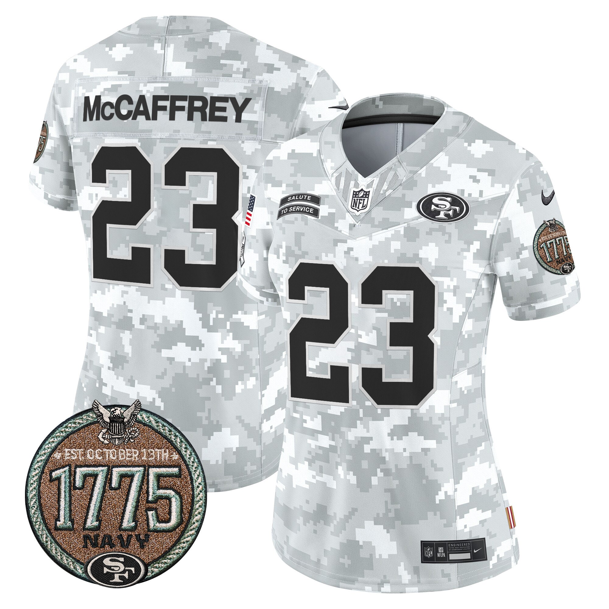 Christian McCaffrey Women's San Francisco 49ers 2024 Salute to Service Establishment Year Patch Vapor Limited Navy Jersey - All Stitched