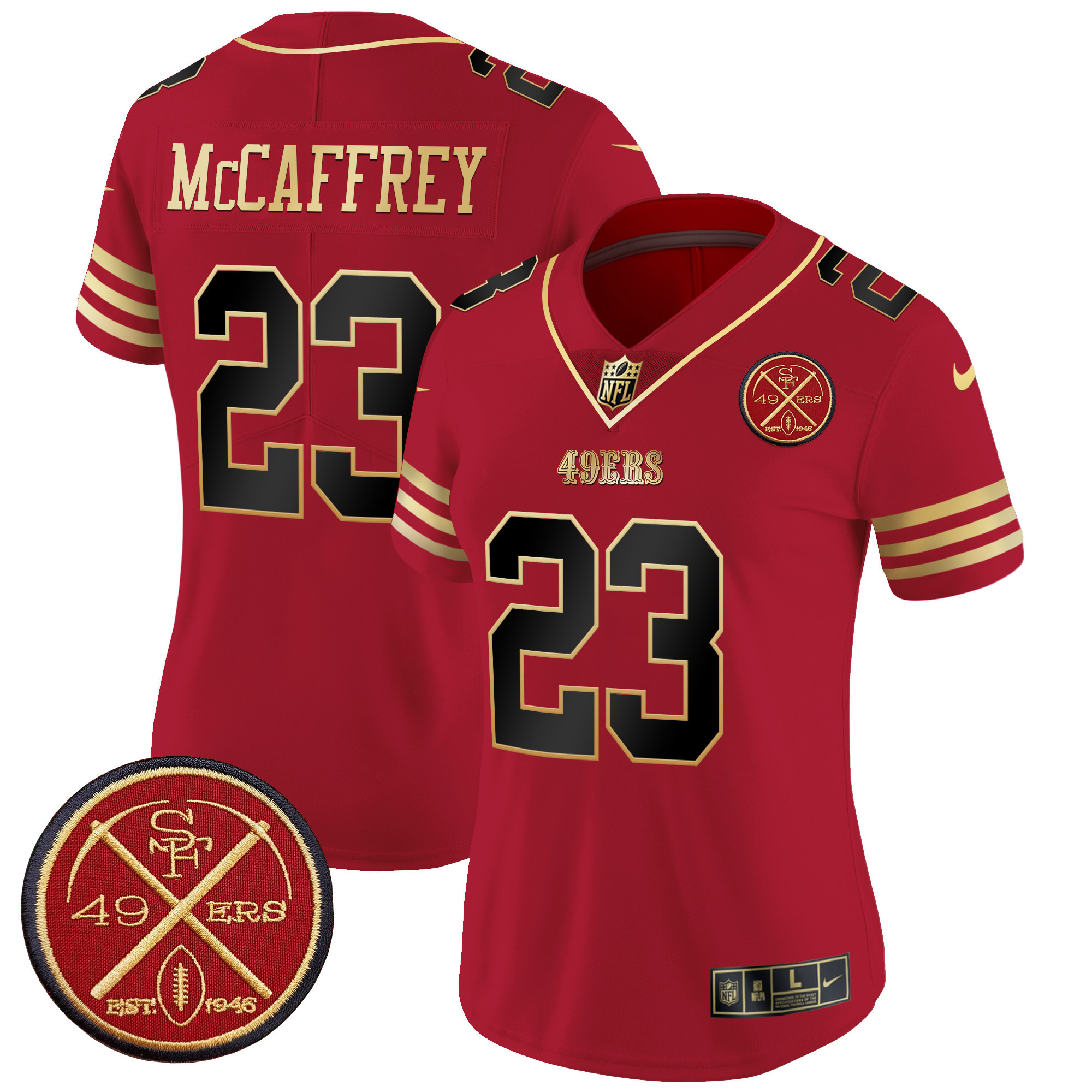 Christian McCaffrey Women's San Francisco 49ers Est.1946 Patch Vapor Limited Black Scarlet Jersey - All Stitched