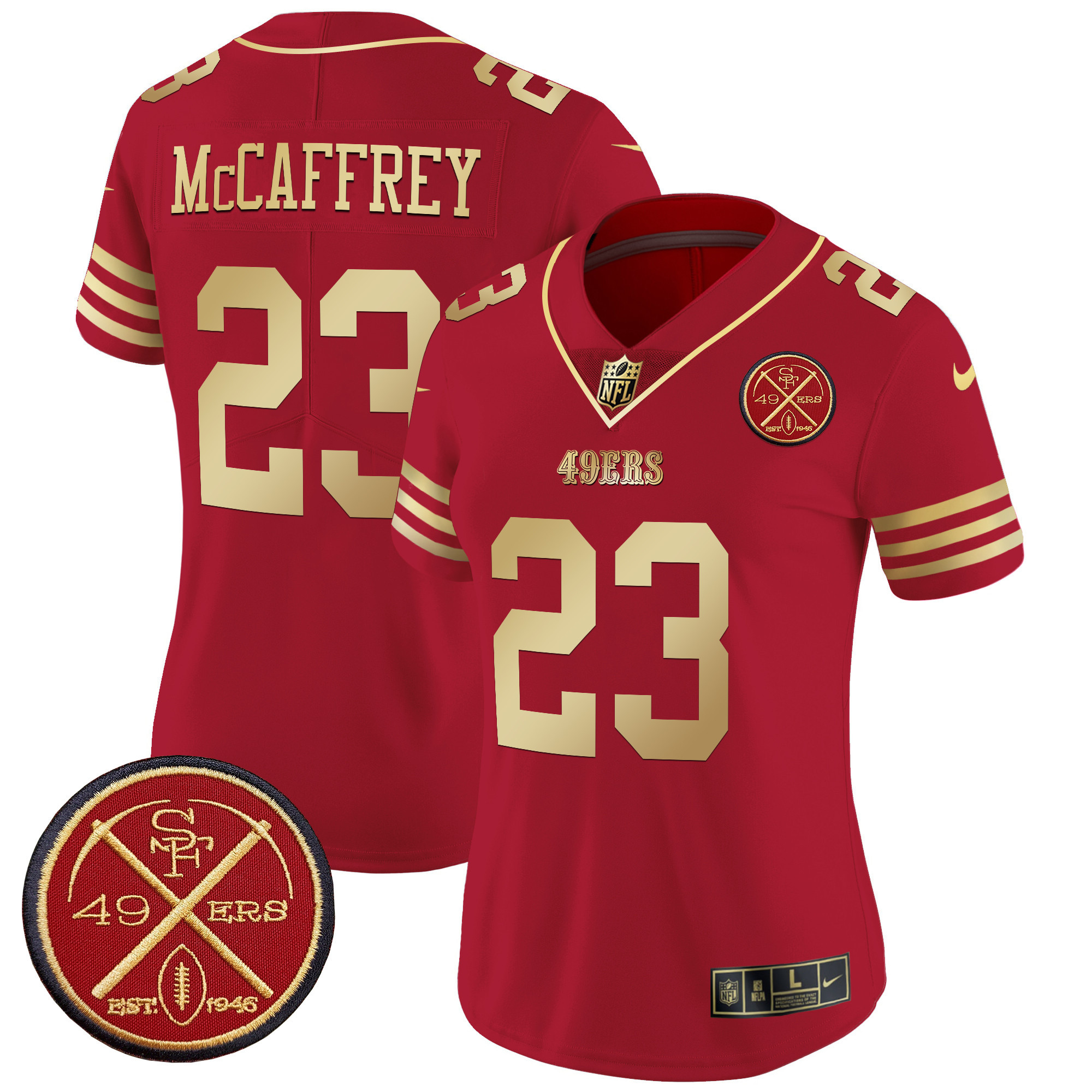 Christian McCaffrey Women's San Francisco 49ers Est.1946 Patch Vapor Limited Scarlet Gold Jersey - All Stitched