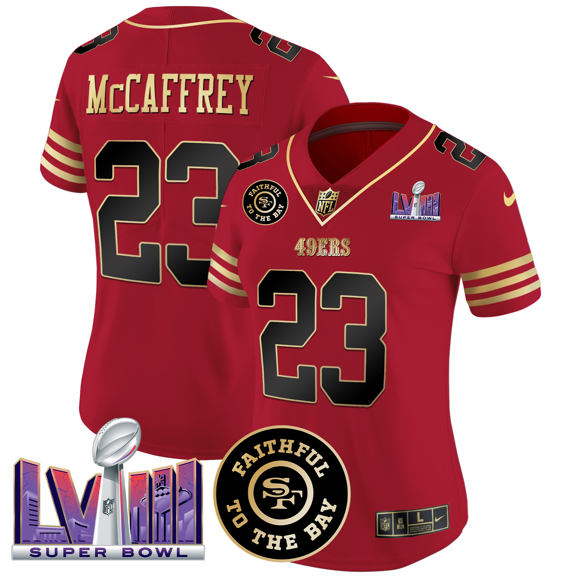 Christian McCaffrey Women's San Francisco 49ers  Faithful & Super Bowl LVIII Patch Vapor Black Scarlet Jersey - All Stitched