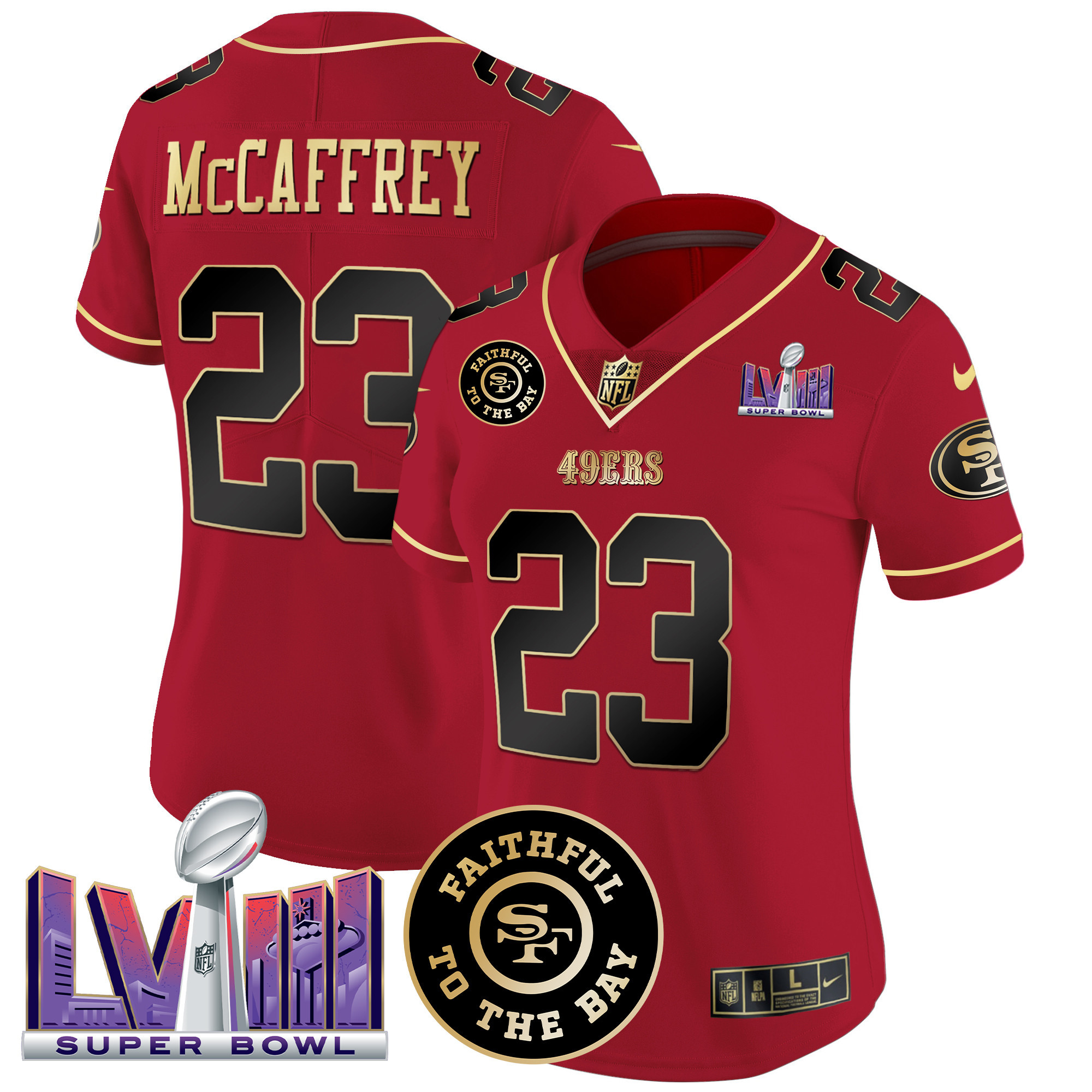 Christian McCaffrey Women's San Francisco 49ers  Faithful & Super Bowl LVIII Patch Vapor Scarlet Limited Jersey - All Stitched