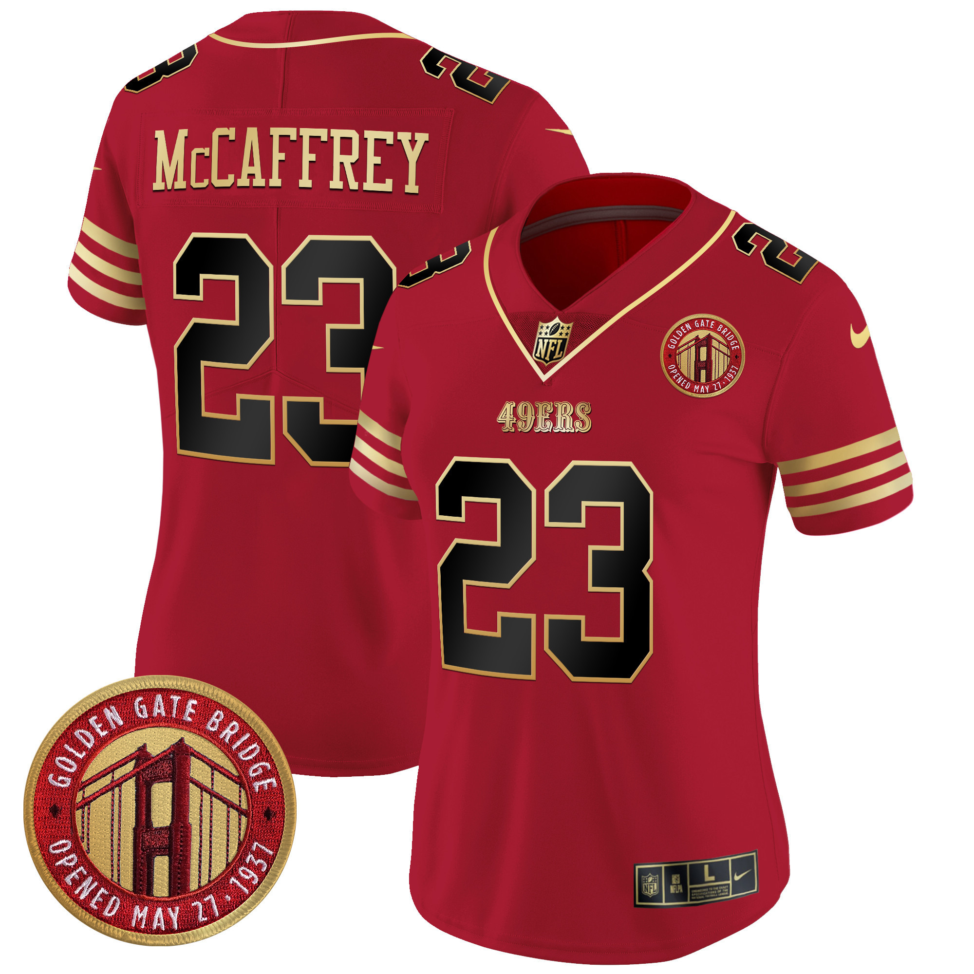 Christian McCaffrey Women's San Francisco 49ers Golden Gate Bridge Patch Vapor Limited Black Scarlet Jersey - All Stitched