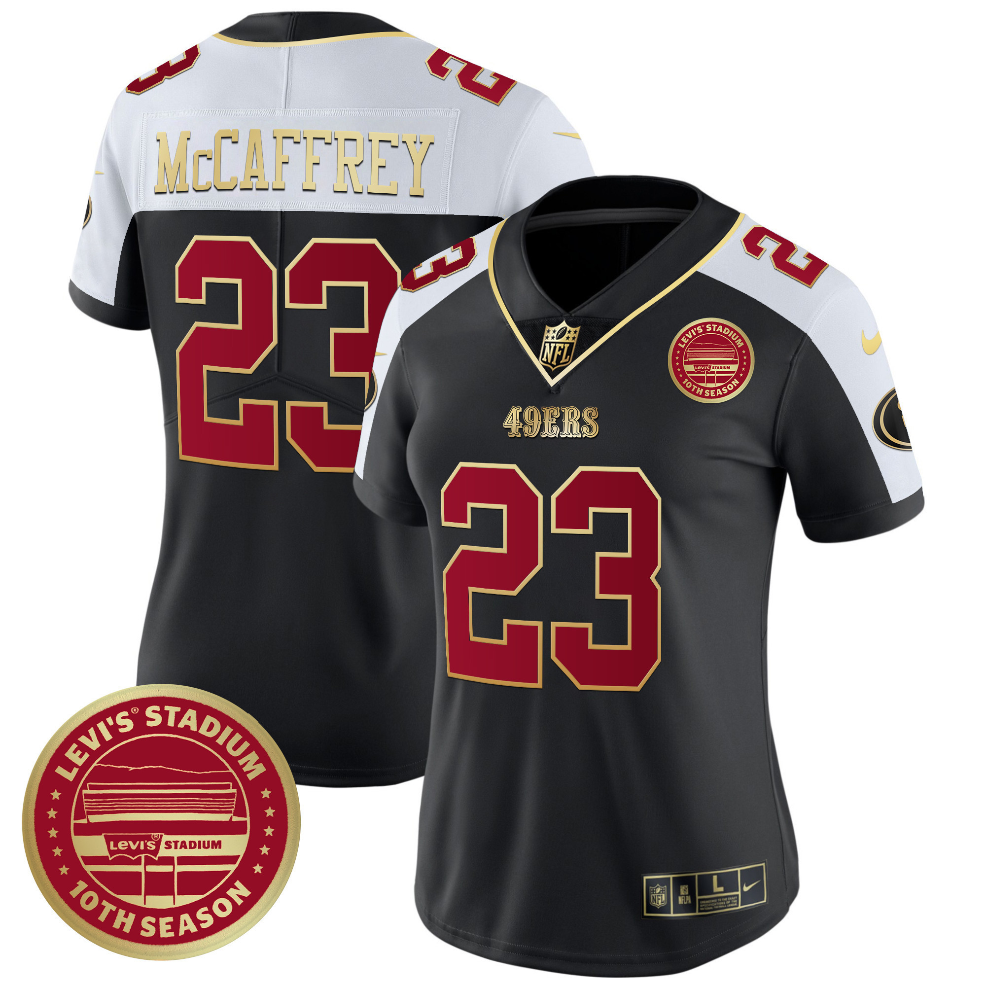 Christian McCaffrey Women's San Francisco 49ers Levi'S Stadium 10th Season Patch Vapor Limited Black Alternate Jersey - All Stitched
