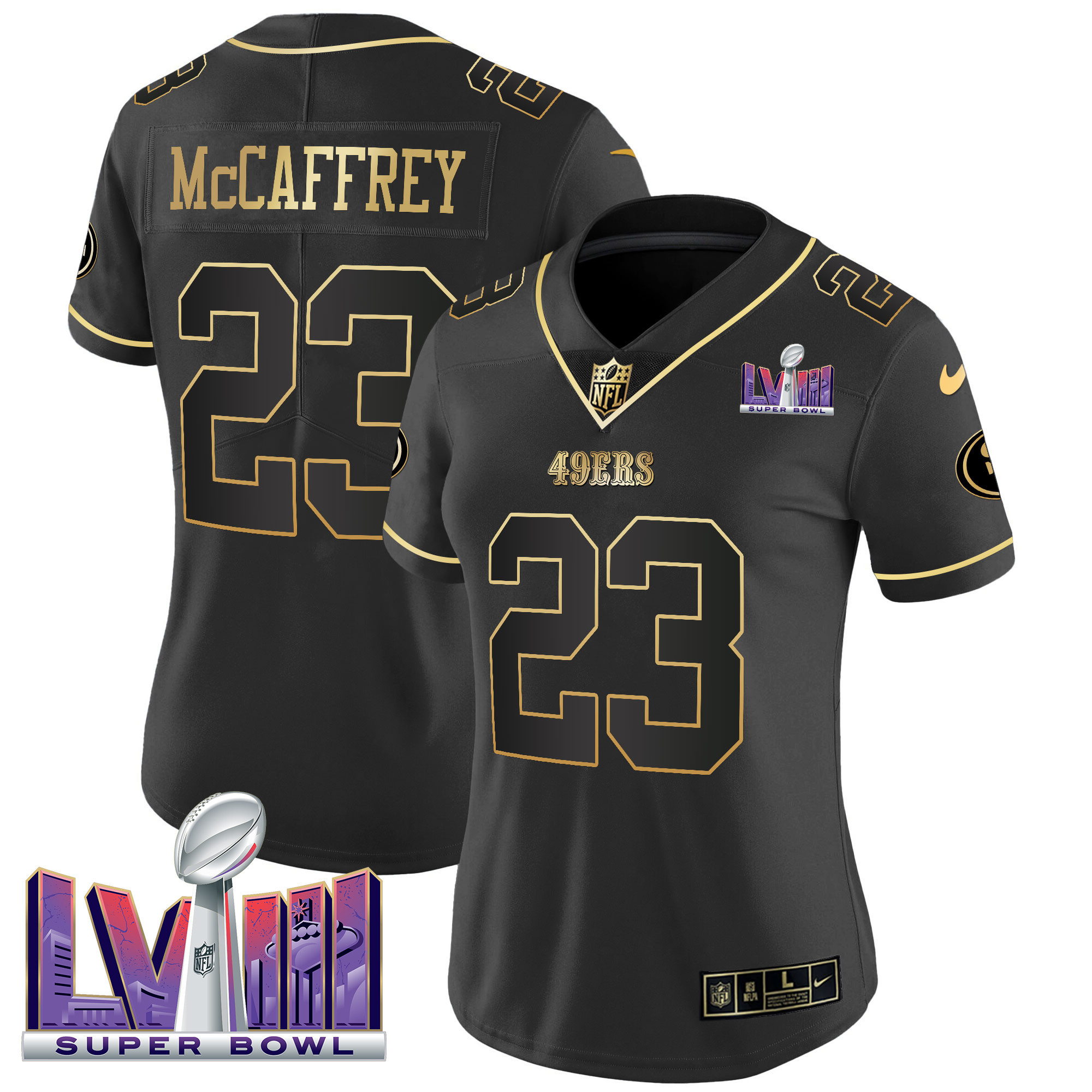 Christian McCaffrey Women's San Francisco 49ers  Super Bowl LVIII Patch Vapor Black Gold Jersey - All Stitched