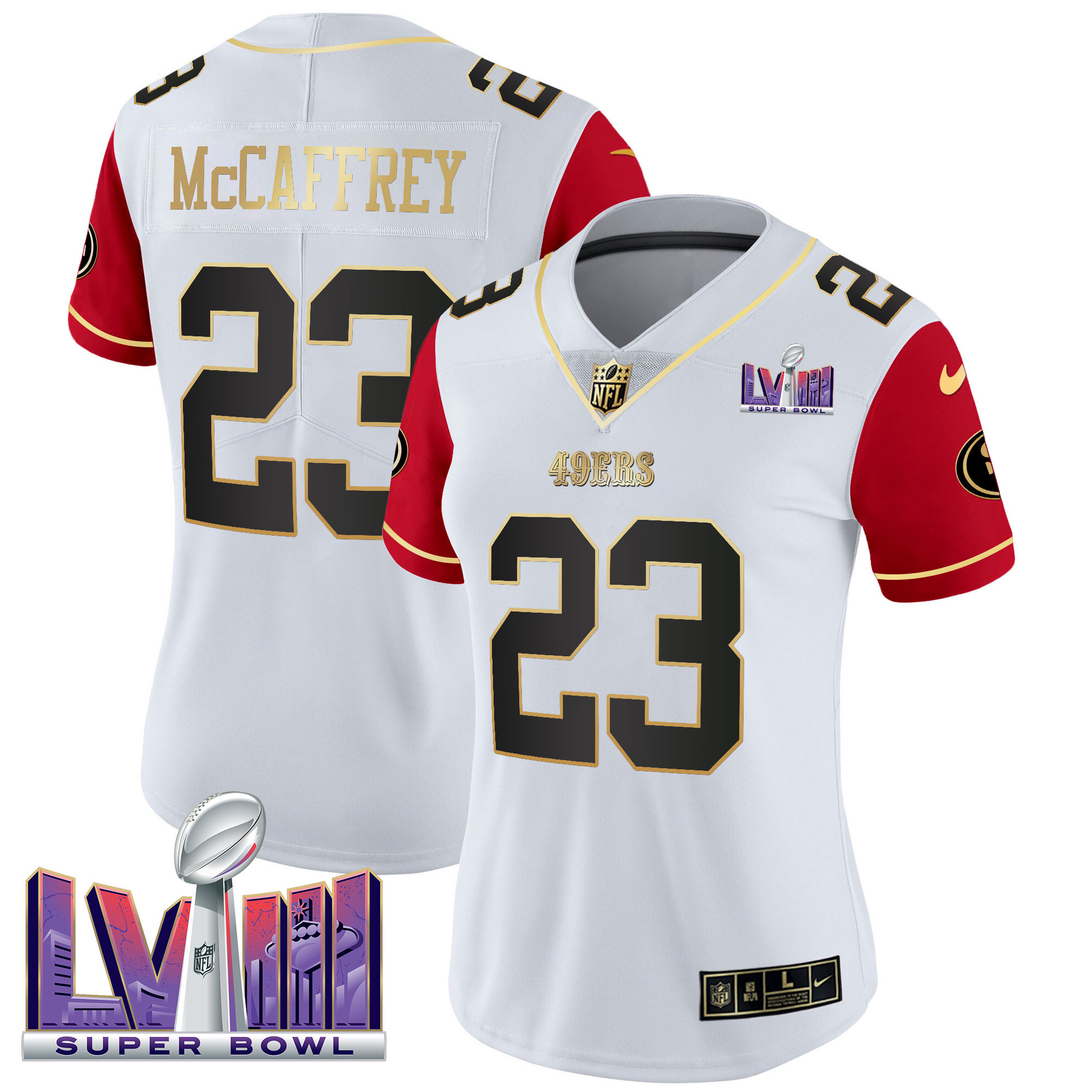 Christian McCaffrey Women's San Francisco 49ers Super Bowl LVIII Patch Vapor Color Sleeves Jersey - All Stitched
