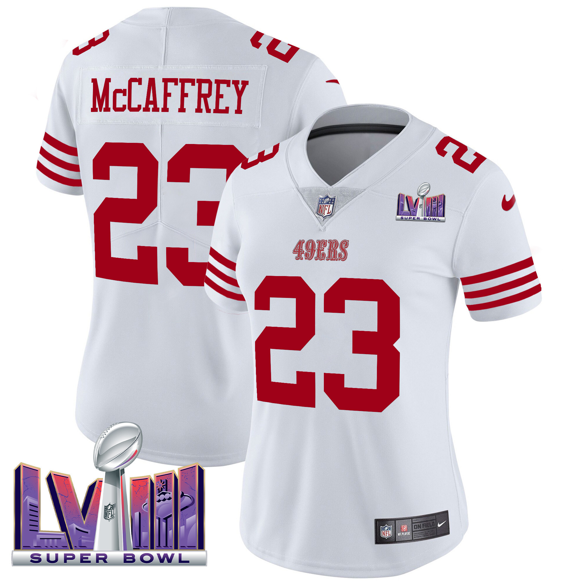 Christian Mccaffrey Women's San Francisco 49ers Super Bowl LVIII Patch Vapor Limited White Jersey - All Stitched