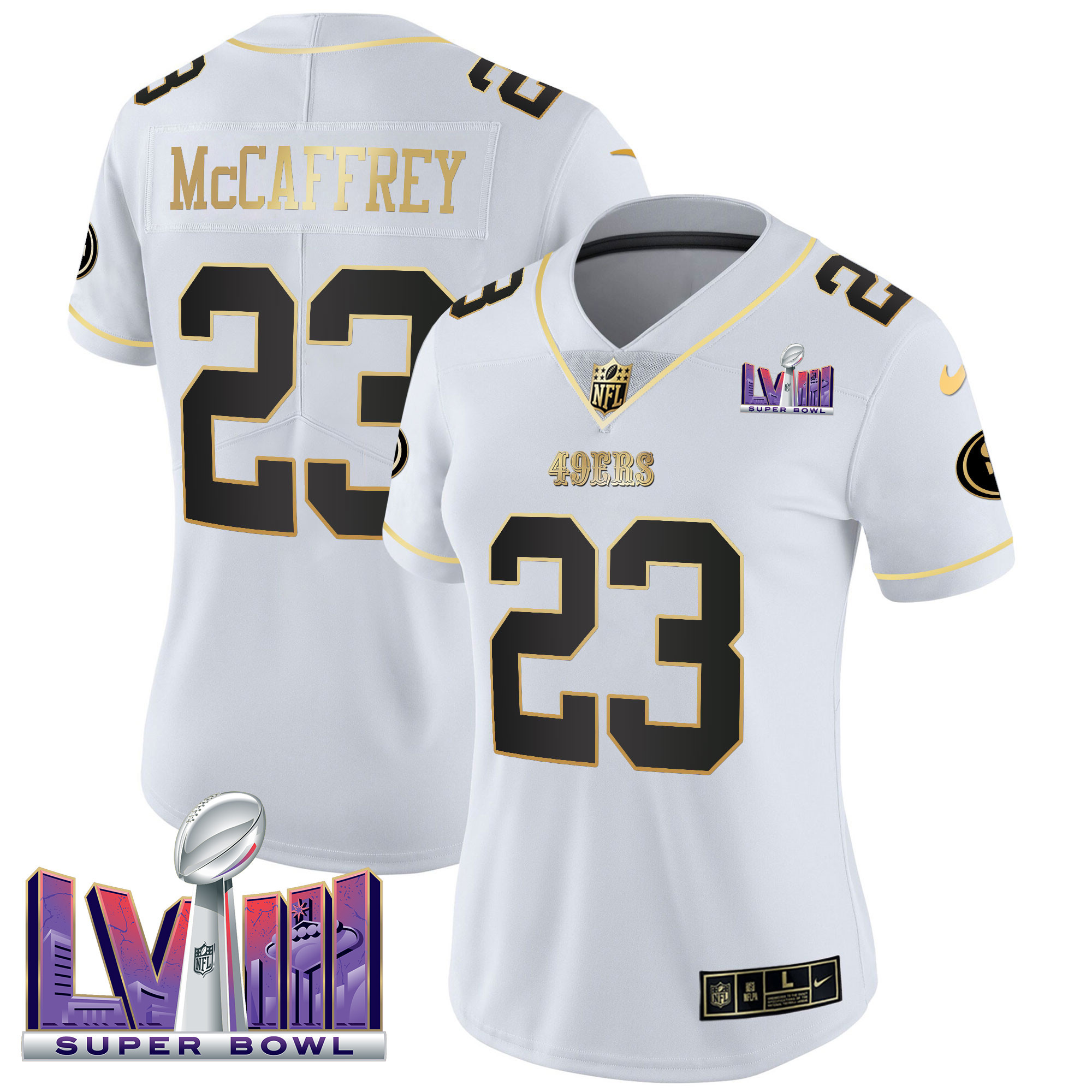 Christian McCaffrey Women's San Francisco 49ers  Super Bowl LVIII Patch Vapor White Gold Jersey - All Stitched