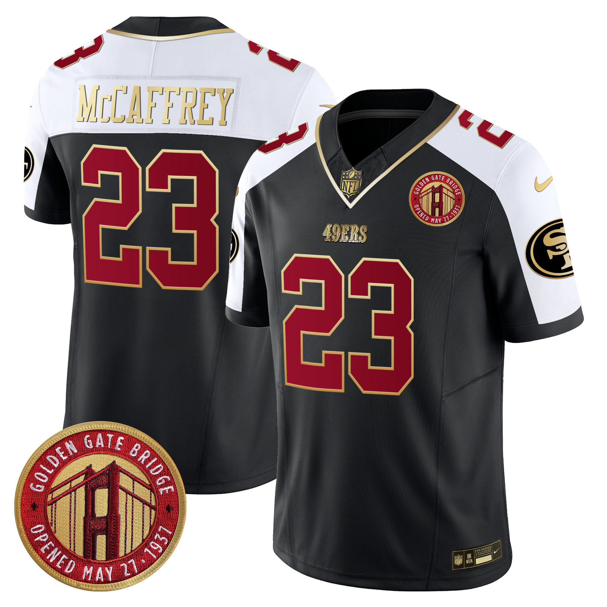 Christian McCaffrey Youth's San Francisco 49ers Golden Gate Bridge Patch Vapor Limited Black Alternate Jersey - All Stitched