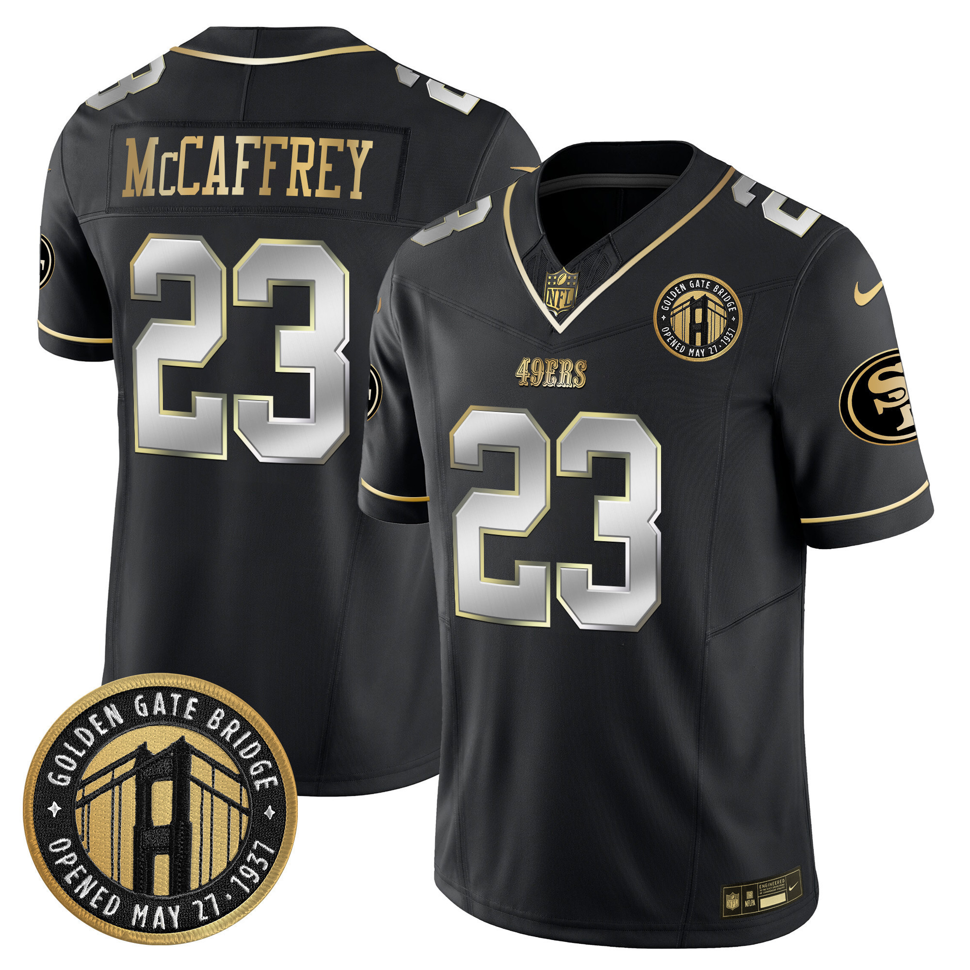 Christian McCaffrey Youth's San Francisco 49ers Golden Gate Bridge Patch Vapor Limited Black Limited Jersey - All Stitched