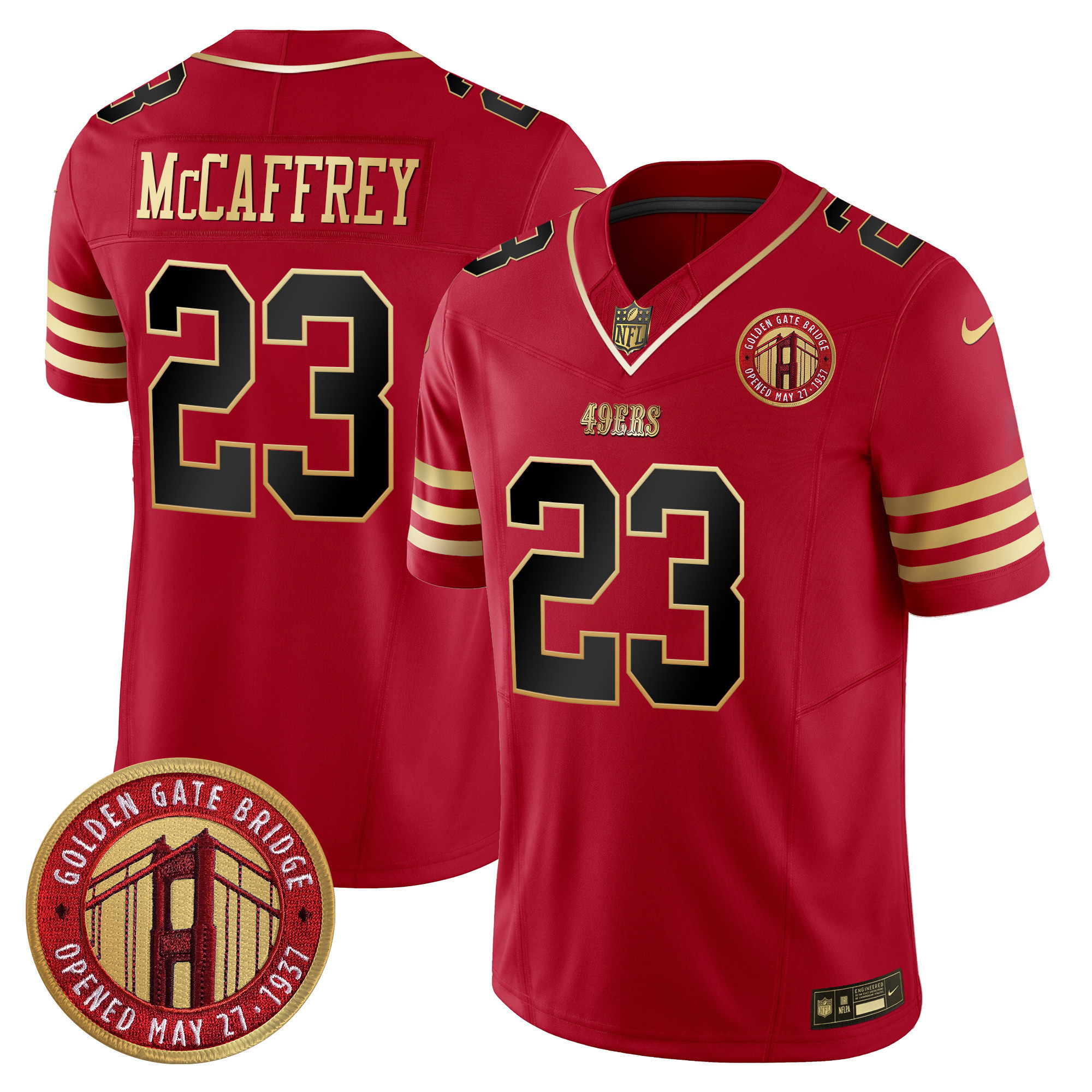 Christian McCaffrey Youth's San Francisco 49ers Golden Gate Bridge Patch Vapor Limited Black Scarlet Jersey - All Stitched