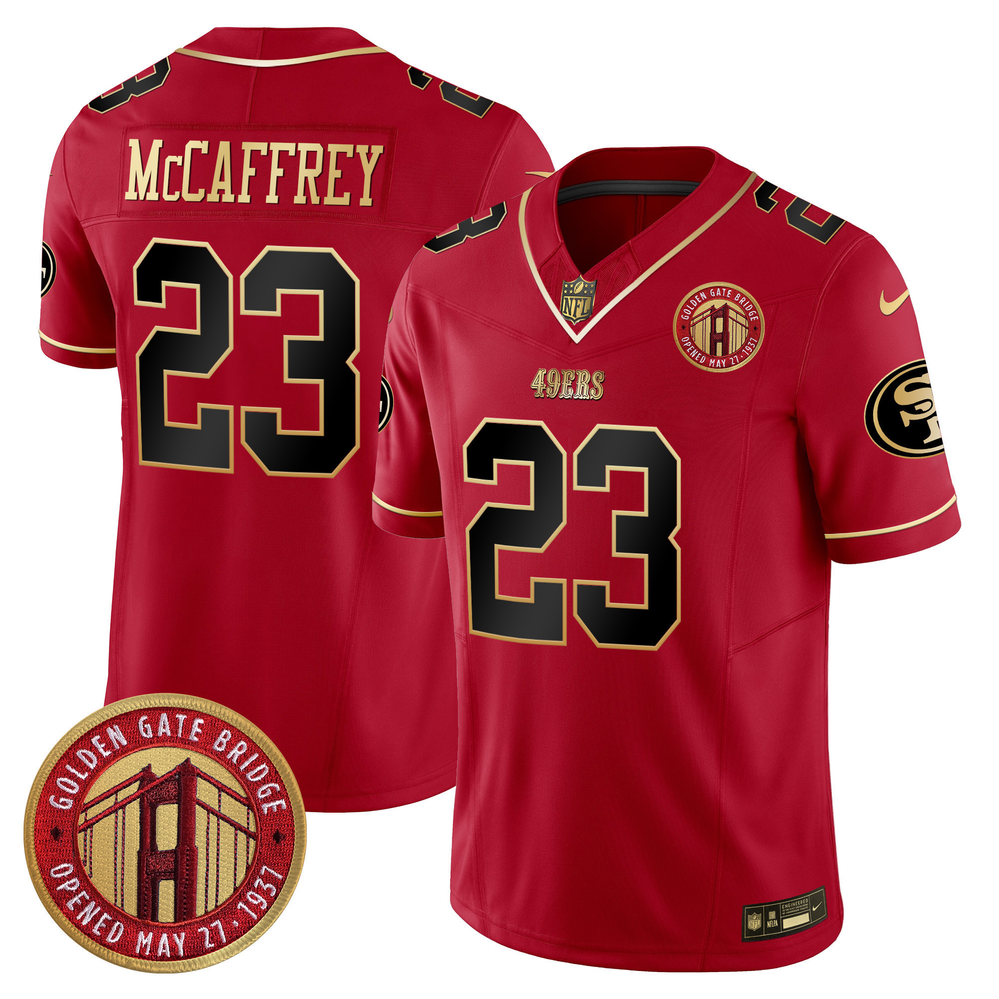 Christian McCaffrey Youth's San Francisco 49ers Golden Gate Bridge Patch Vapor Limited Scarlet Limited Jersey - All Stitched