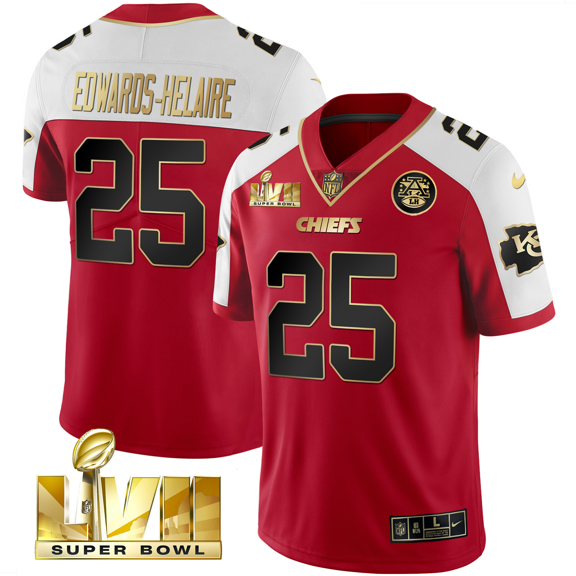 Clyde Edwards-Helaire Men's Kansas City Chiefs Super Bowl LVII Gold Trim Vapor Red Alternate Jersey - All Stitched