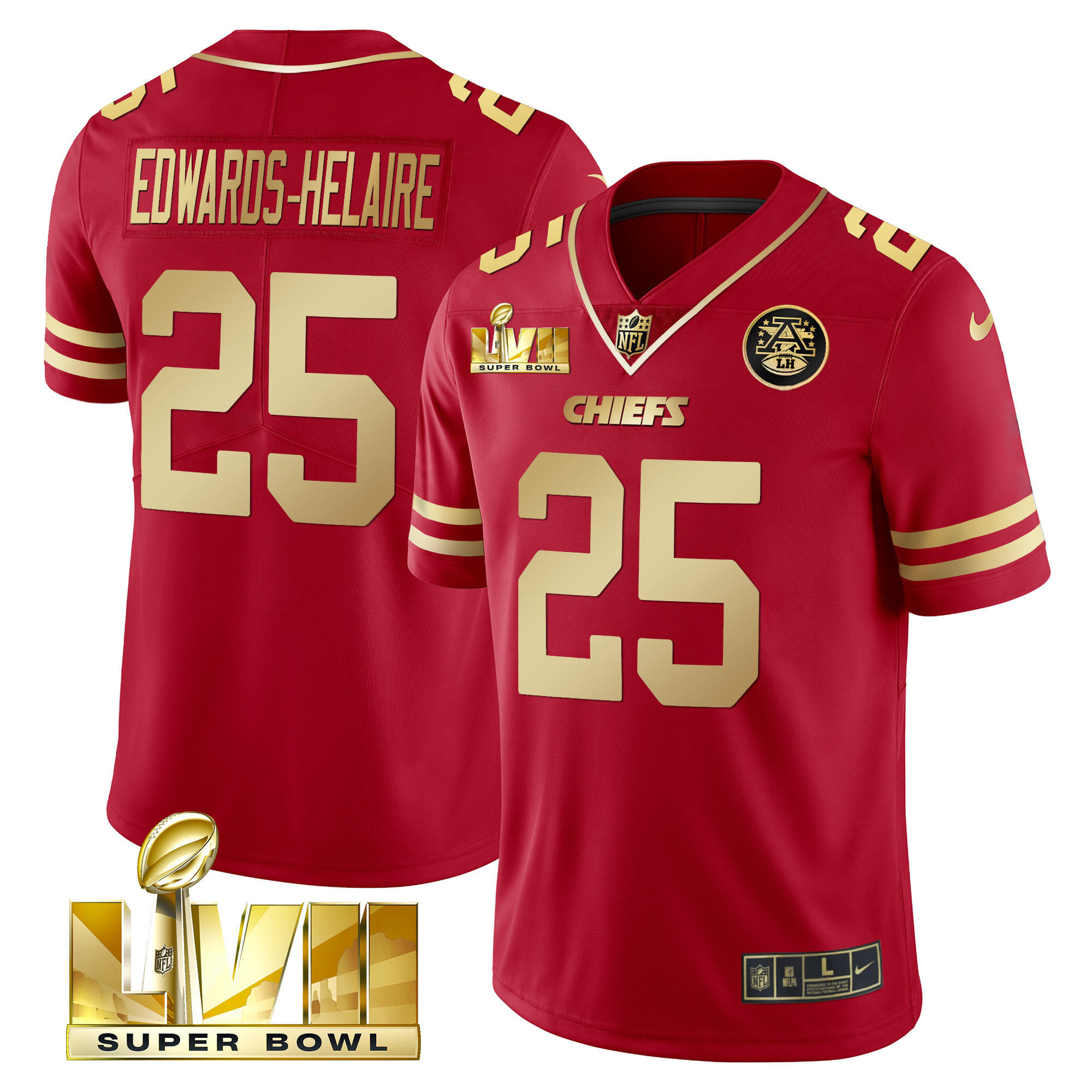 Clyde Edwards-Helaire Men's Kansas City Chiefs Super Bowl LVII Gold Trim Vapor Red Gold Jersey - All Stitched