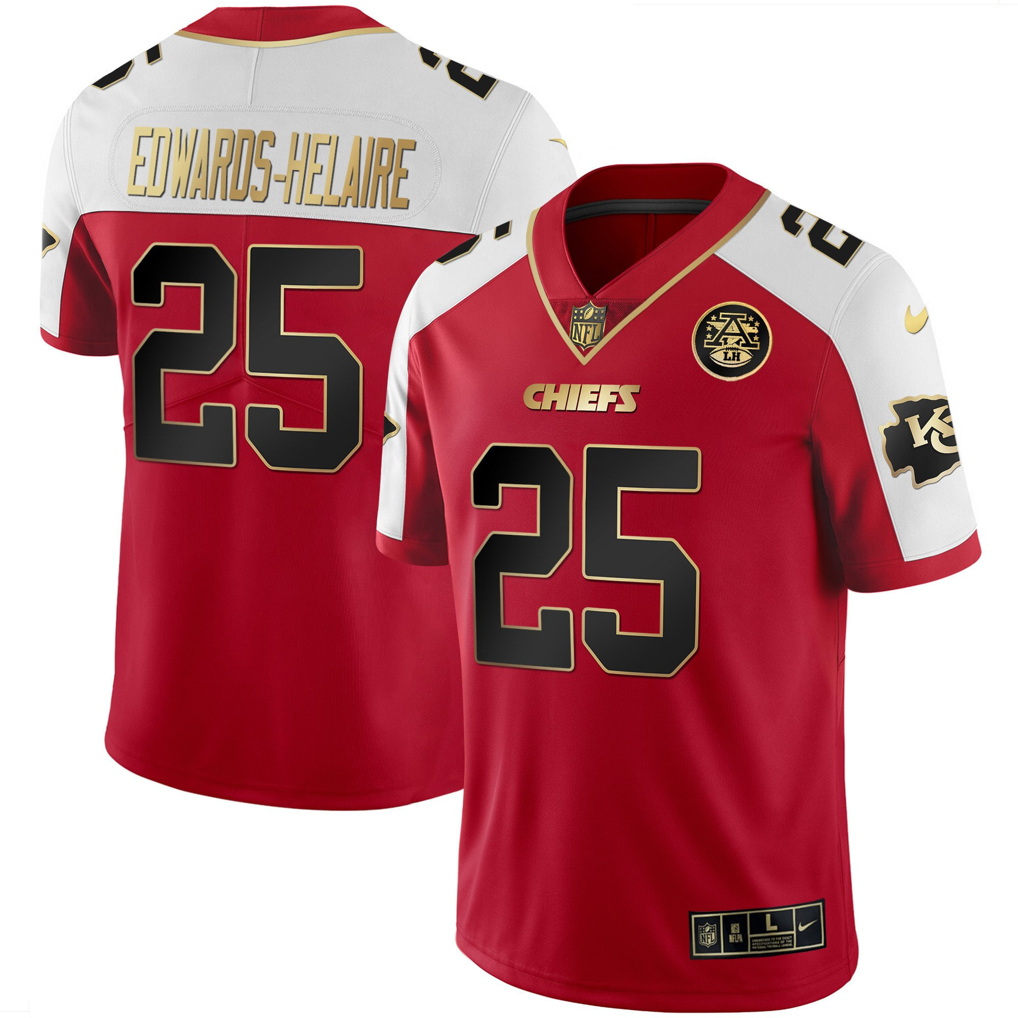 Clyde Edwards-Helaire Men's Kansas City Chiefs White Gold & Black Gold - All Stitched Red Alternate Jersey - All Stitched