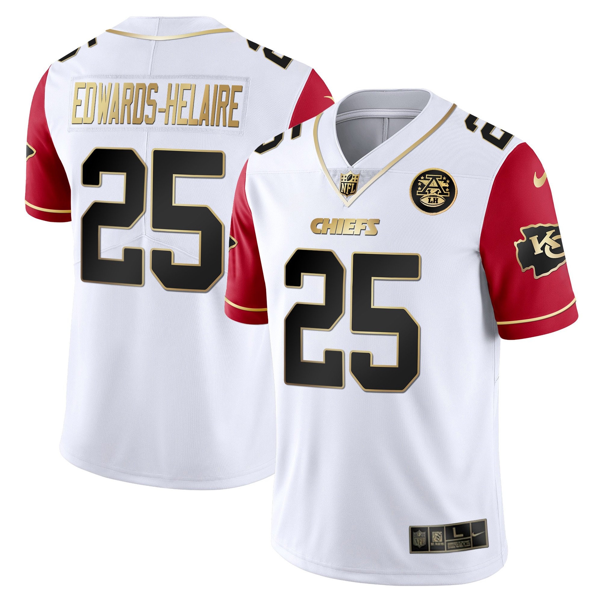 Clyde Edwards-Helaire Men's Kansas City Chiefs White Gold & Black Gold - All Stitched Red Sleeves Jersey - All Stitched