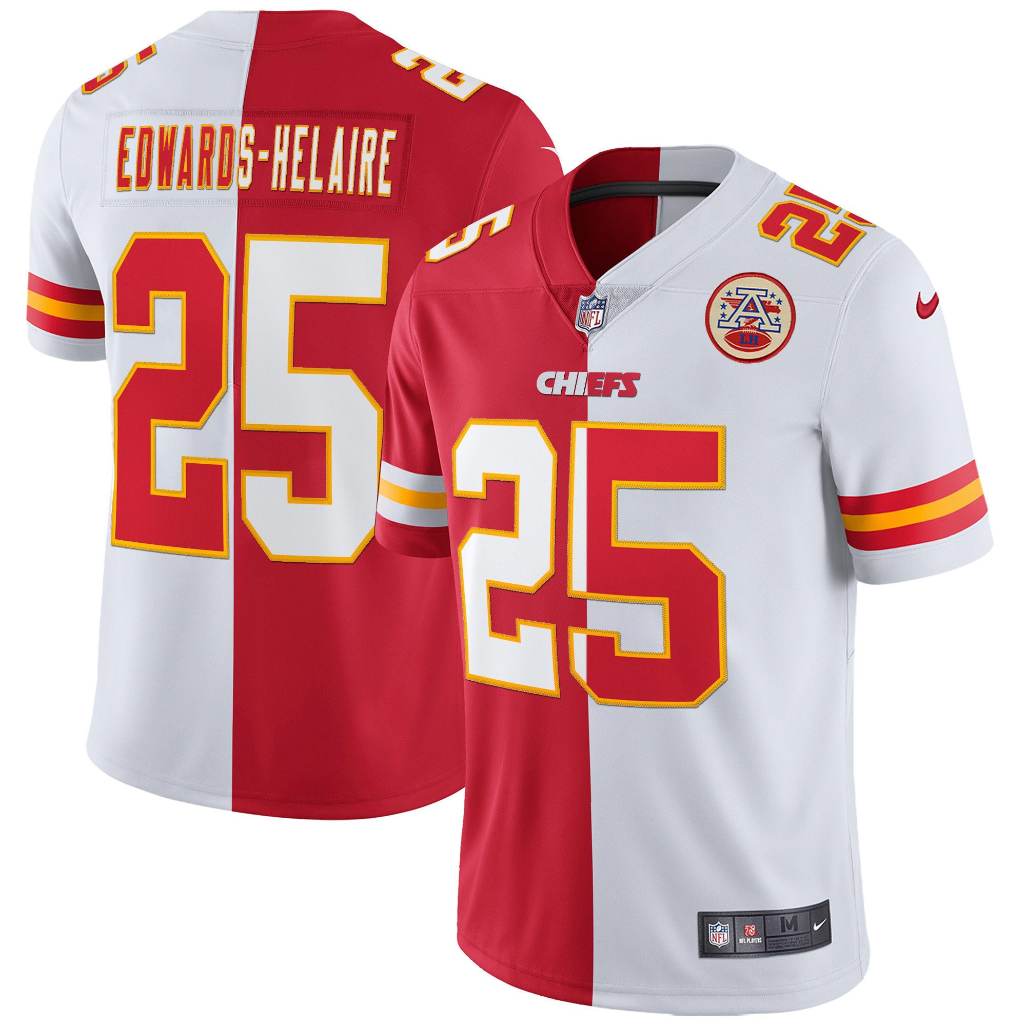 Clyde Edwards-Helaire Men's Kansas City Chiefs White Gold & Black Gold - All Stitched Split Jersey - All Stitched