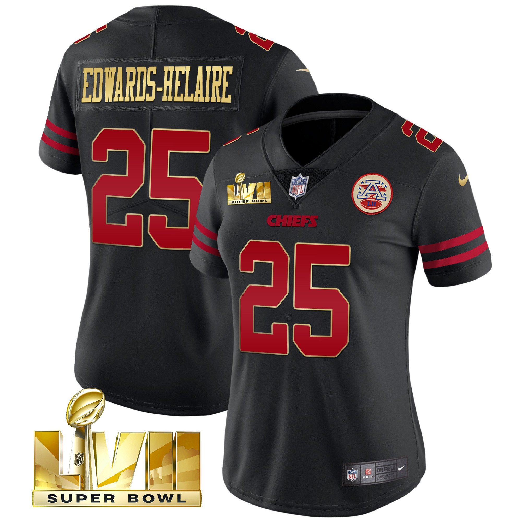 Clyde Edwards-Helaire Women's Kansas City Chiefs Super Bowl LVII Red Gold Vapor Black Gold Trim Jersey - All Stitched