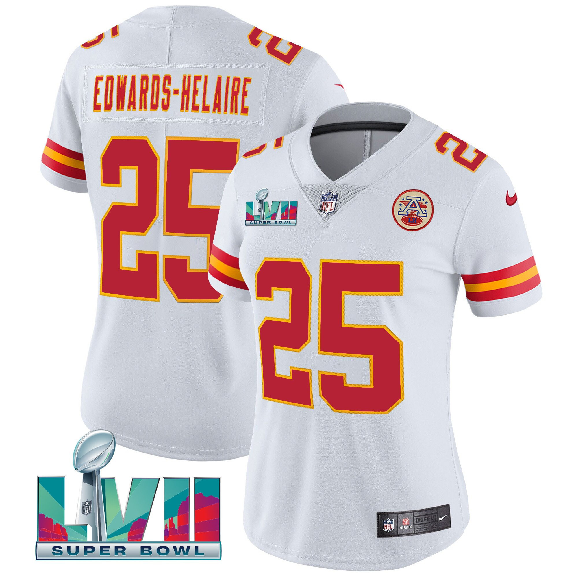 Clyde Edwards-Helaire Women's Kansas City Chiefs Super Bowl LVII Red Gold Vapor White Jersey - All Stitched