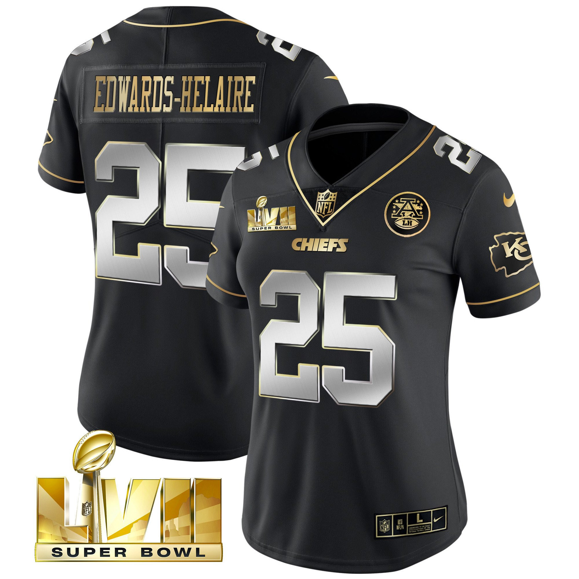 Clyde Edwards-Helaire Women's Kansas City Chiefs Super Bowl Vapor Gold Black Limited Jersey - All Stitched