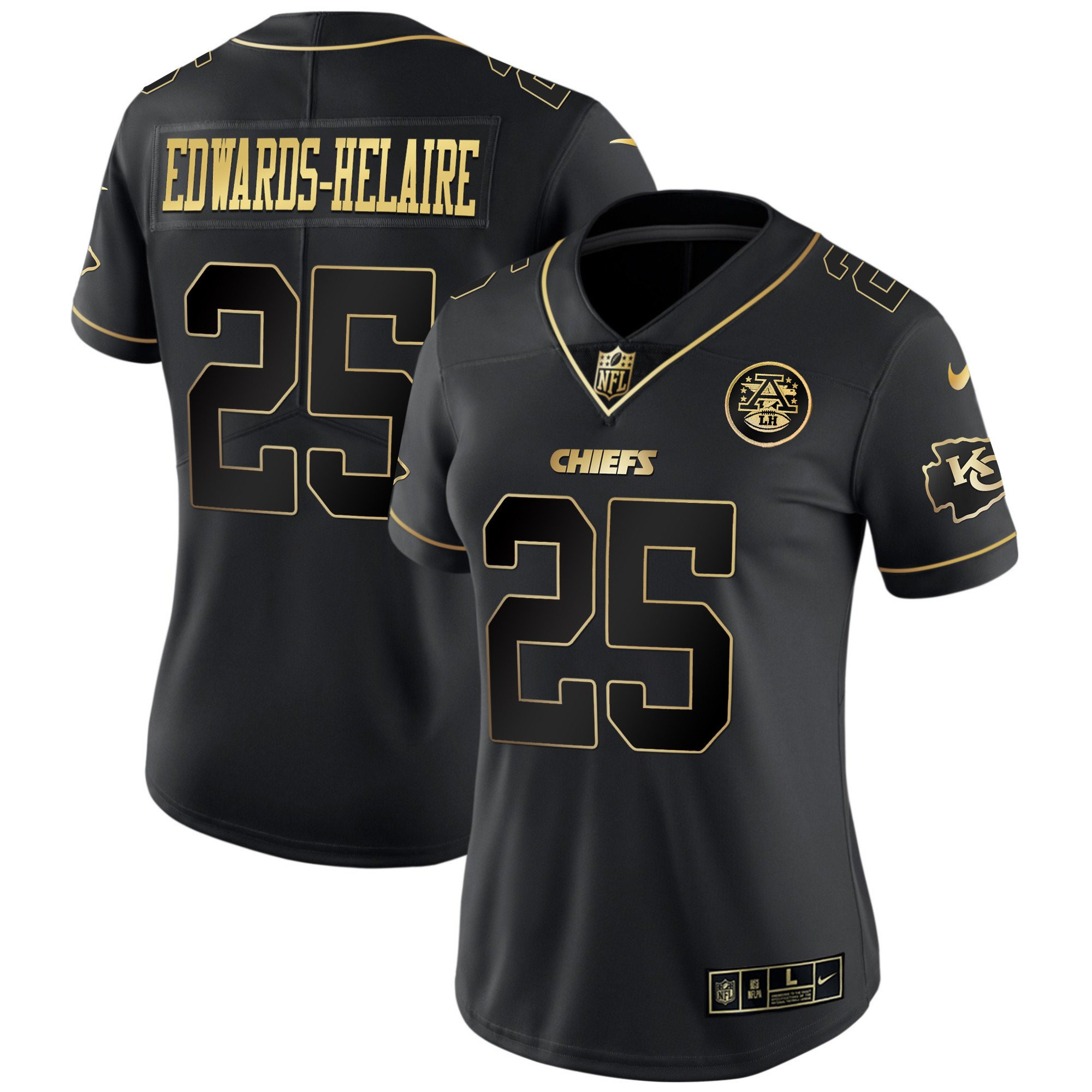 Clyde Edwards-Helaire Women's Kansas City Chiefs White Gold & Black Gold - All Stitched Black Gold Jersey - All Stitched