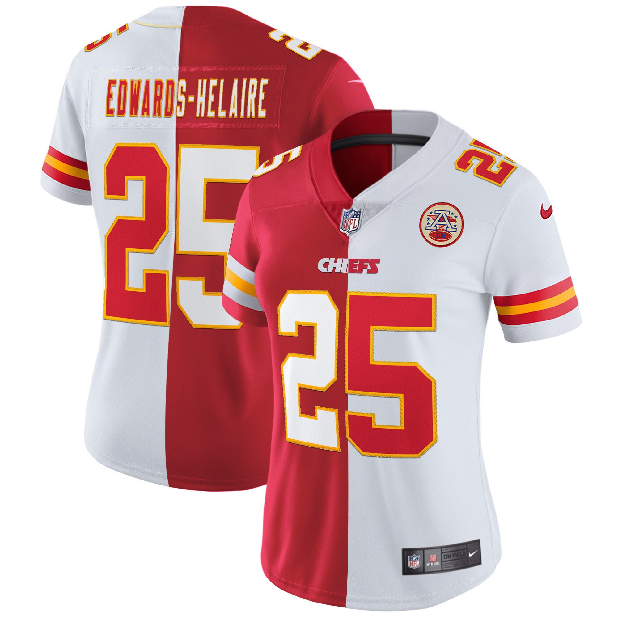 Clyde Edwards-Helaire Women's Kansas City Chiefs White Gold & Black Gold - All Stitched Split Jersey - All Stitched