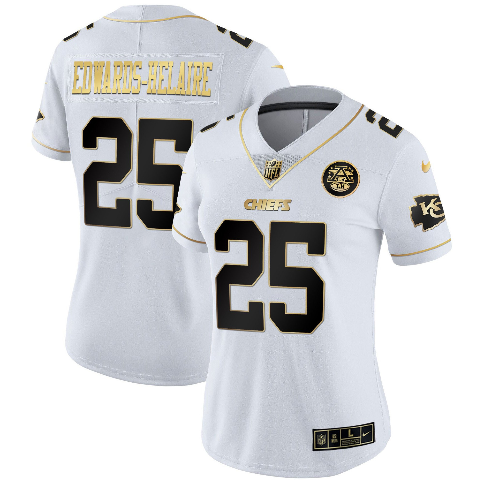 Clyde Edwards-Helaire Women's Kansas City Chiefs White Gold & Black Gold - All Stitched White Gold Jersey - All Stitched