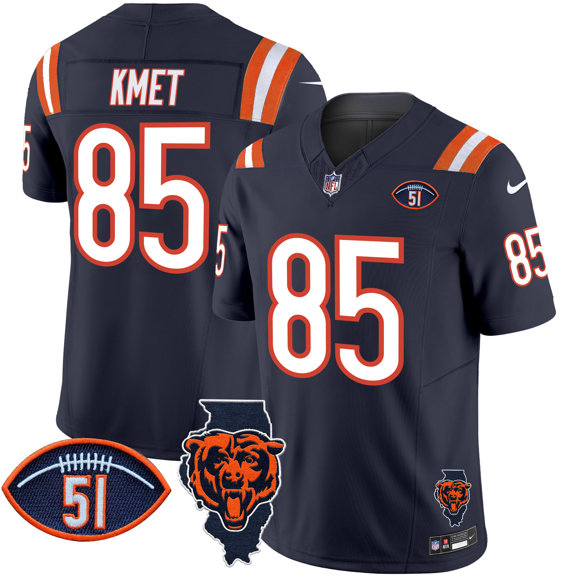 Cole Kmet Men's Chicago Bears Illinois Patch Vapor Limited Navy Jersey - All Stitched
