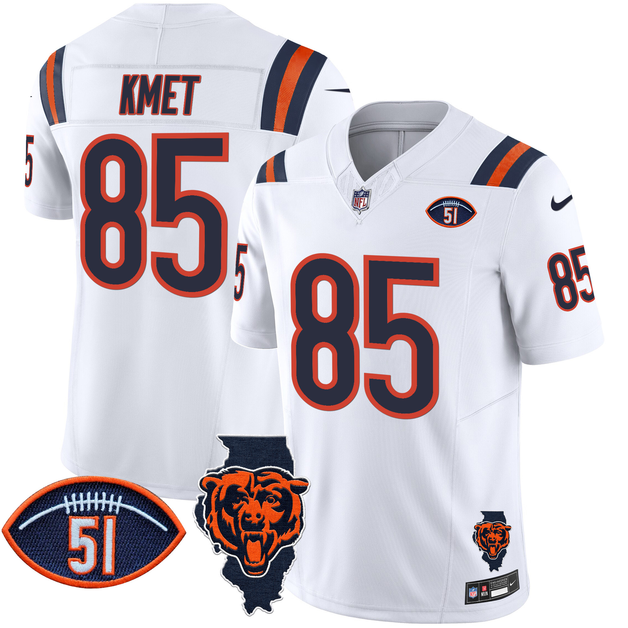 Cole Kmet Men's Chicago Bears Illinois Patch Vapor Limited White Jersey - All Stitched