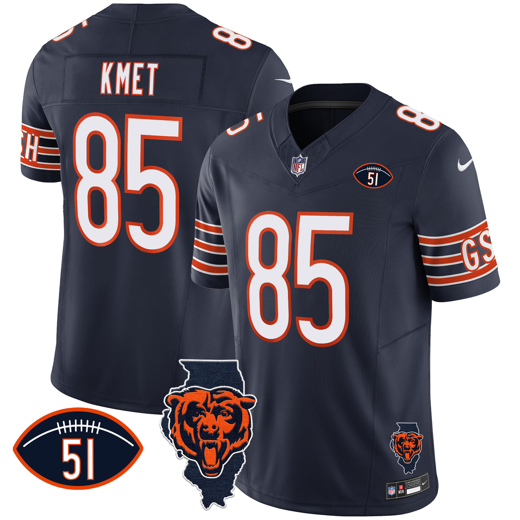 Cole Kmet Men's Chicago Bears Illinois Patch Vapor Navy Jersey - All Stitched