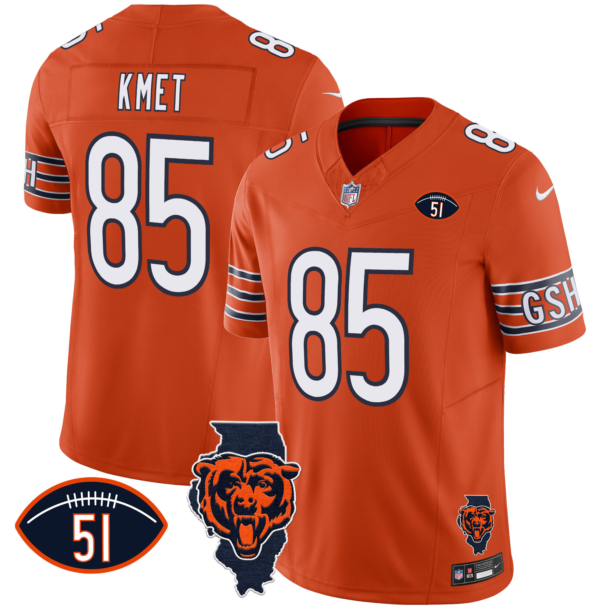 Cole Kmet Men's Chicago Bears Illinois Patch Vapor Orange Jersey - All Stitched