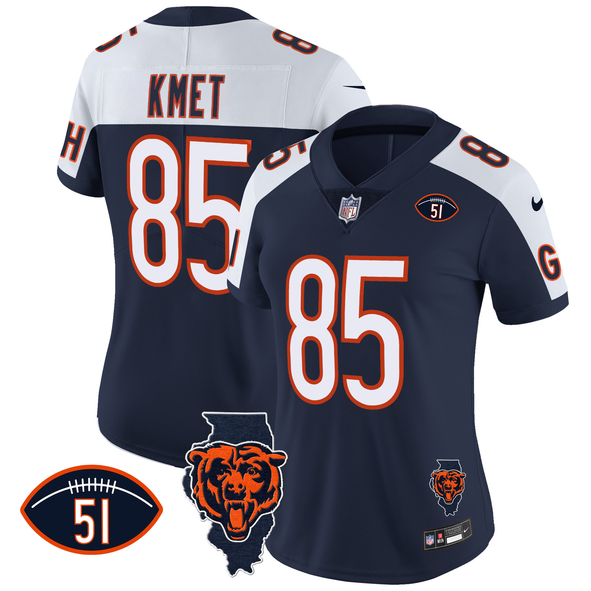 Cole Kmet Women's Chicago Bears Illinois Patch Vapor Navy Alternate Jersey - All Stitched