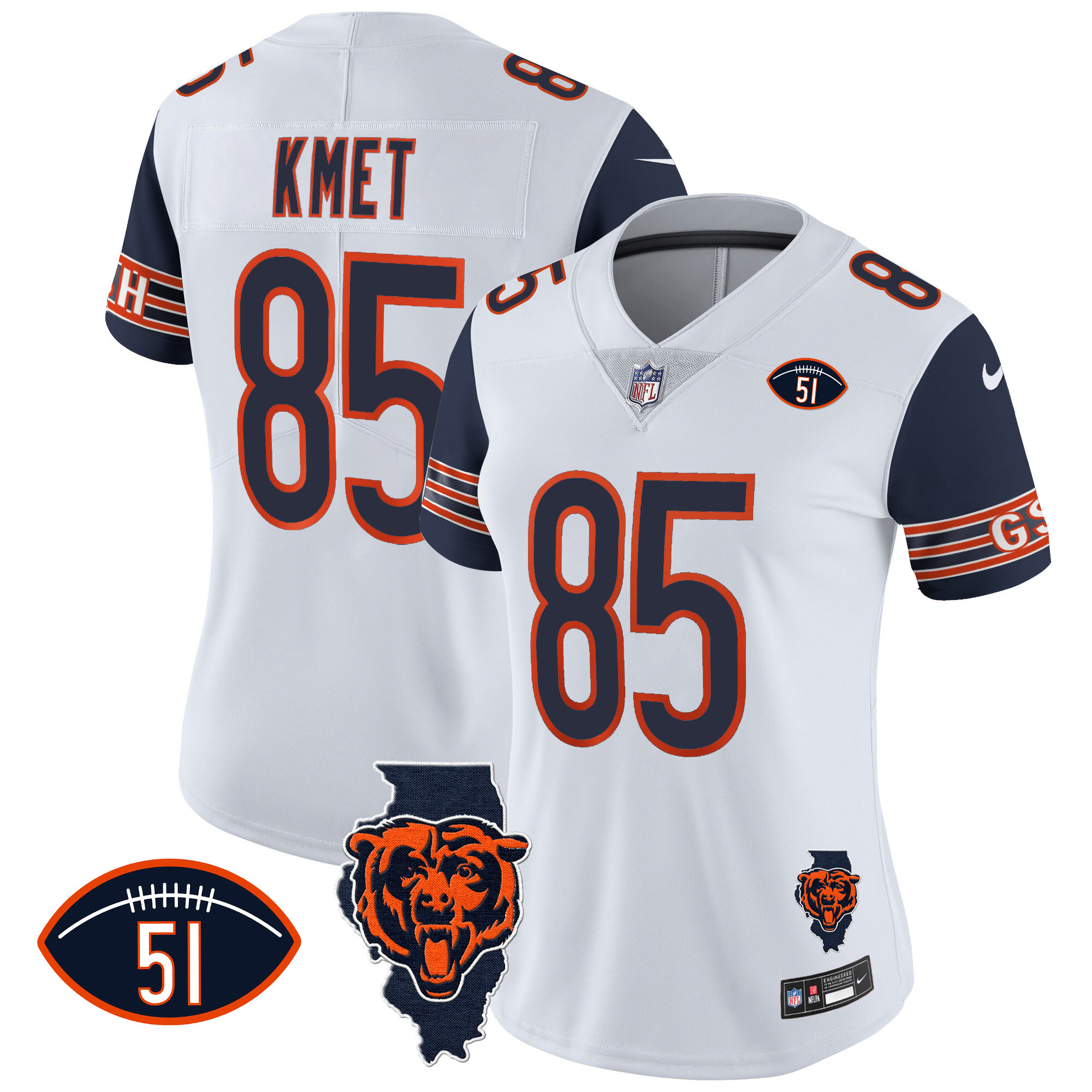 Cole Kmet Women's Chicago Bears Illinois Patch Vapor Navy Sleeves Jersey - All Stitched