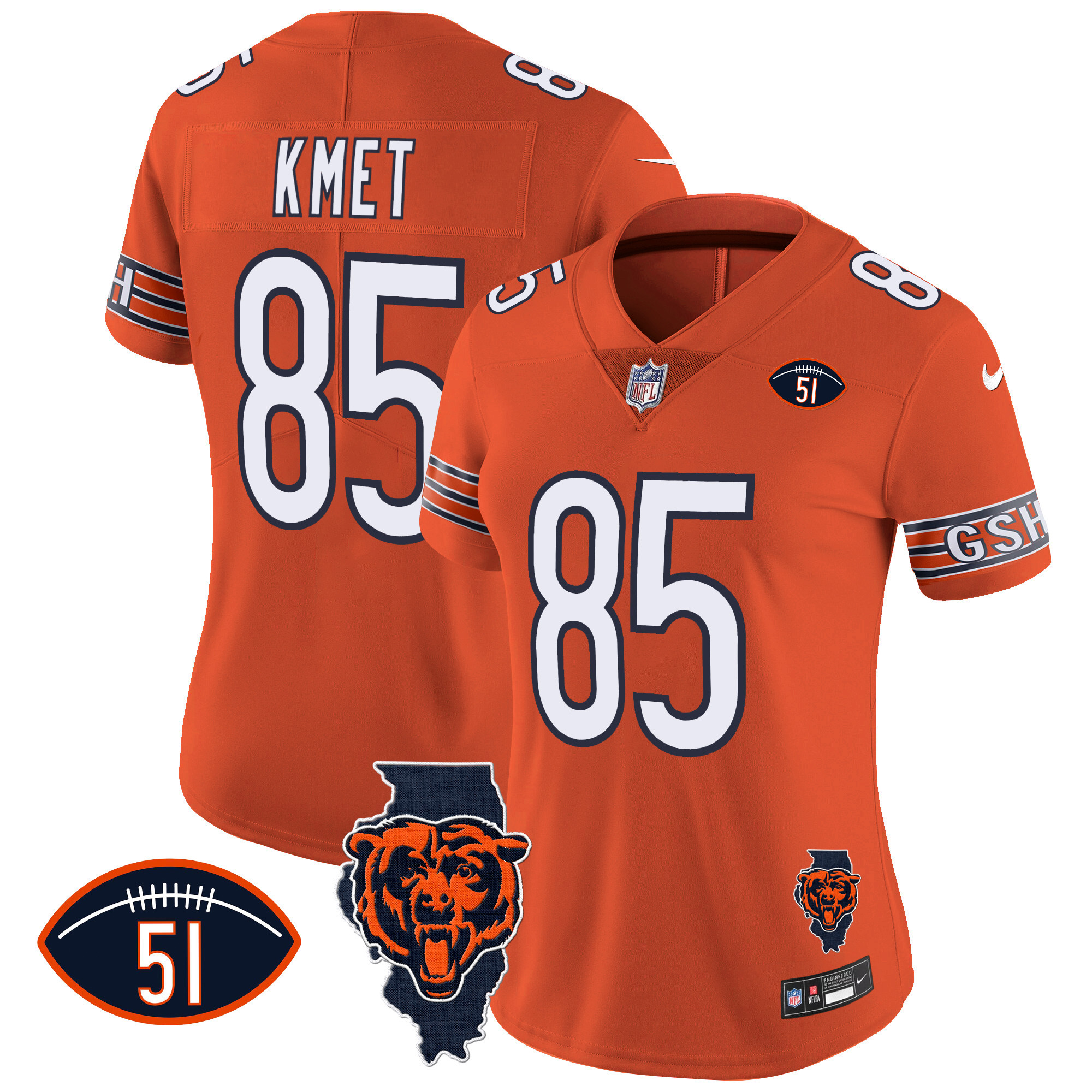 Cole Kmet Women's Chicago Bears Illinois Patch Vapor Orange Jersey - All Stitched