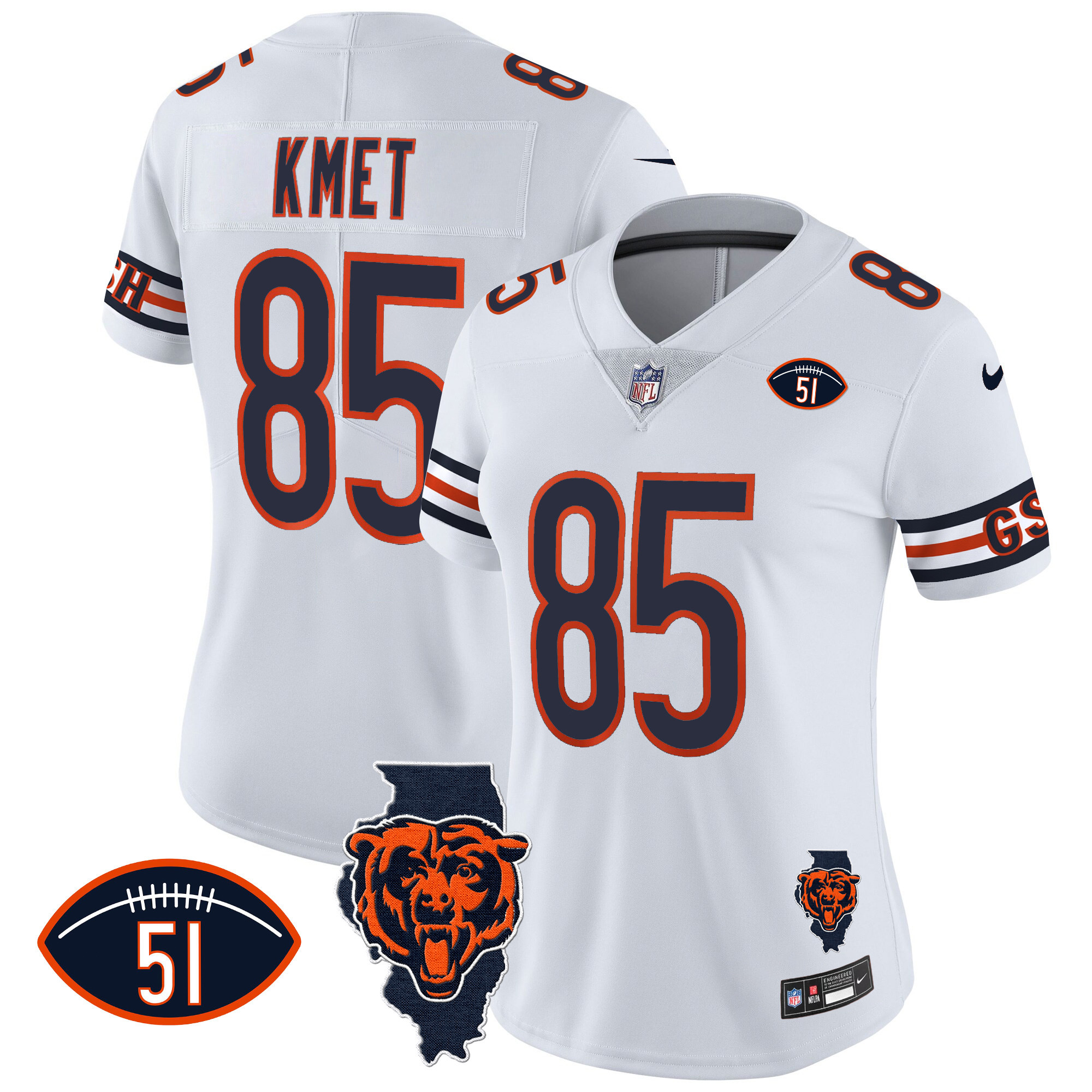 Cole Kmet Women's Chicago Bears Illinois Patch Vapor White Jersey - All Stitched