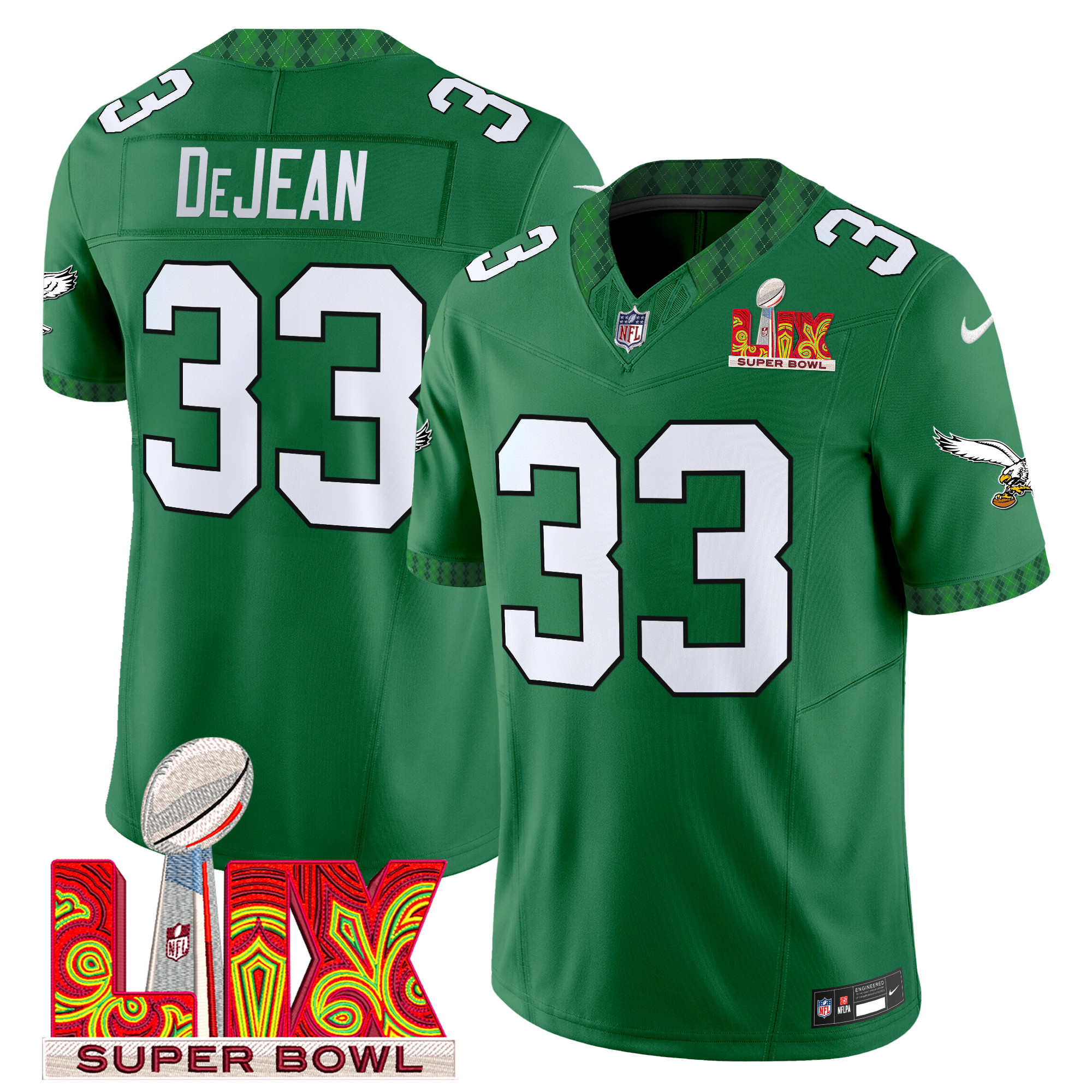 Cooper DeJean Men's Philadelphia Eagles Kelly Green St. Patrick's Day Super Bowl LIX Patch Vapor Limited Kelly Green Jersey - All Stitched