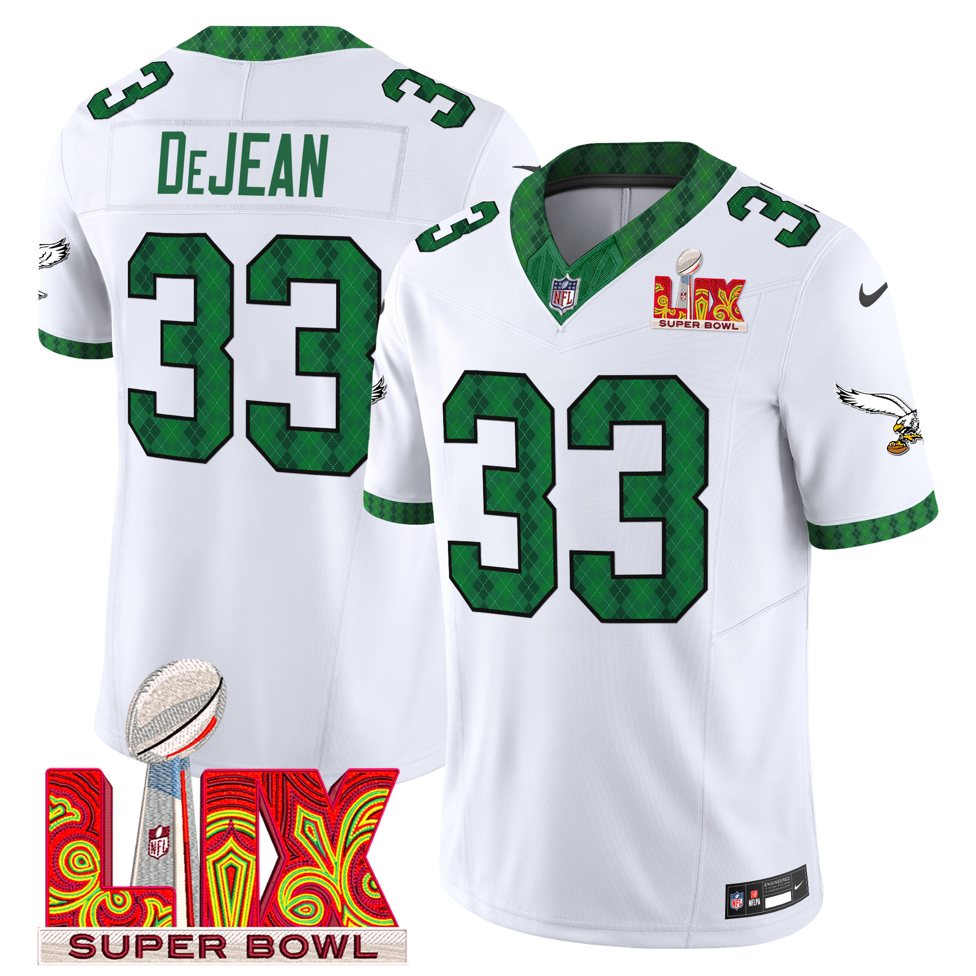 Cooper DeJean Men's Philadelphia Eagles Kelly Green St. Patrick's Day Super Bowl LIX Patch Vapor Limited Kelly White Jersey - All Stitched