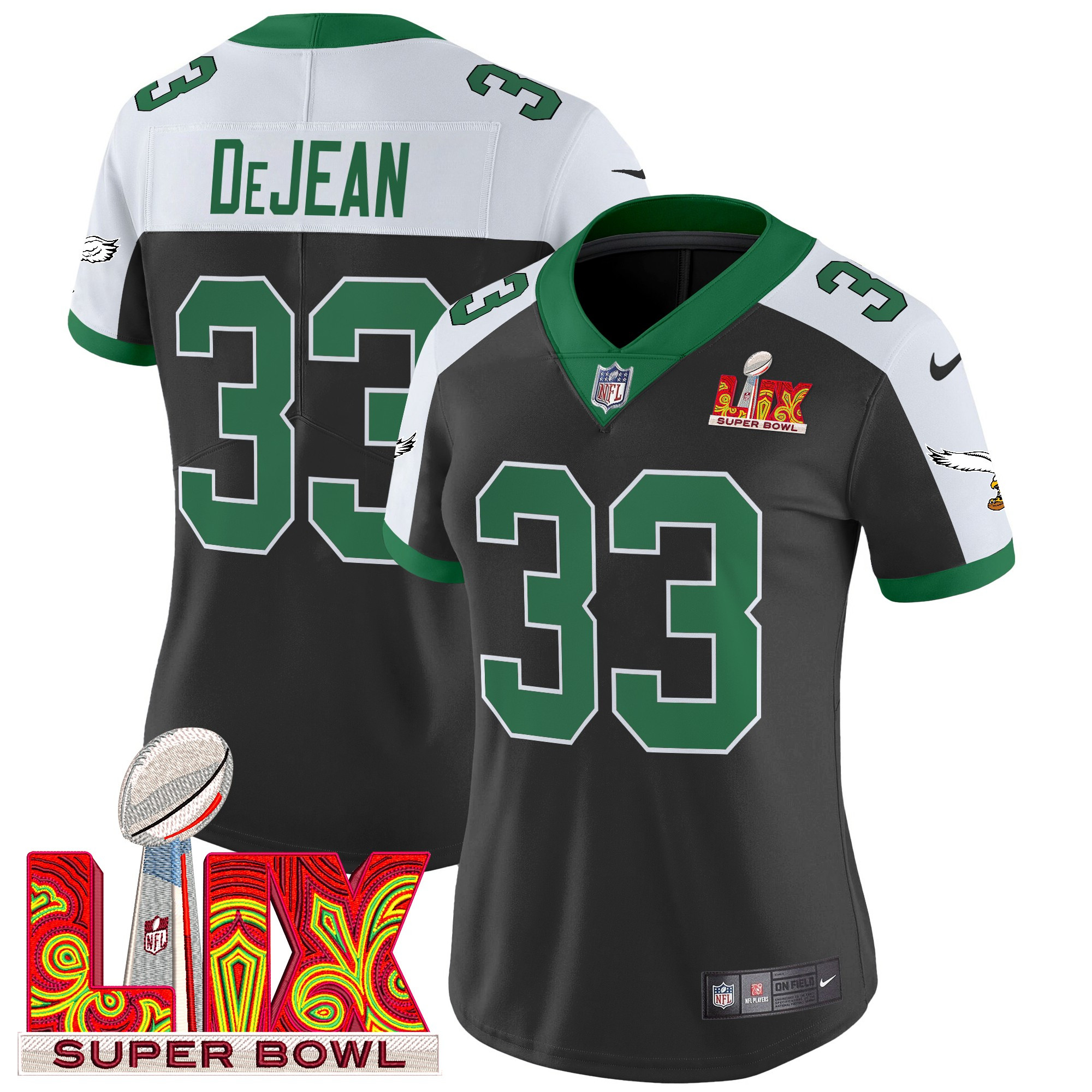Cooper DeJean Women's Philadelphia Eagles Kelly Green Super Bowl LIX Patch Vapor Limited Black Alternate Jersey - All Stitched
