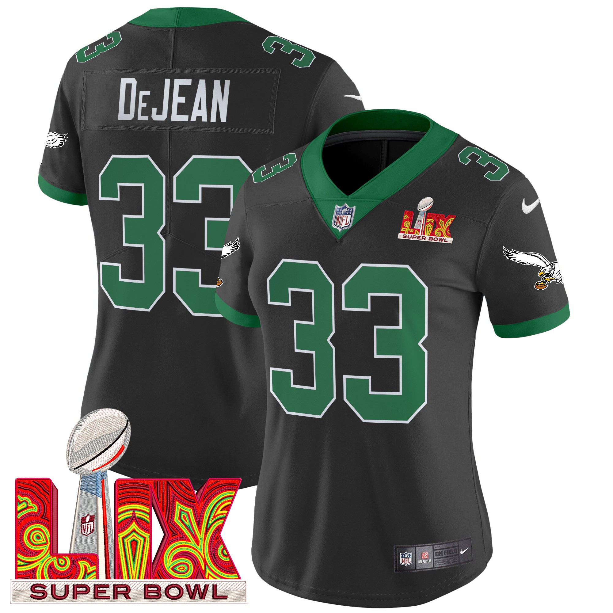 Cooper DeJean Women's Philadelphia Eagles Kelly Green Super Bowl LIX Patch Vapor Limited Black Jersey - All Stitched