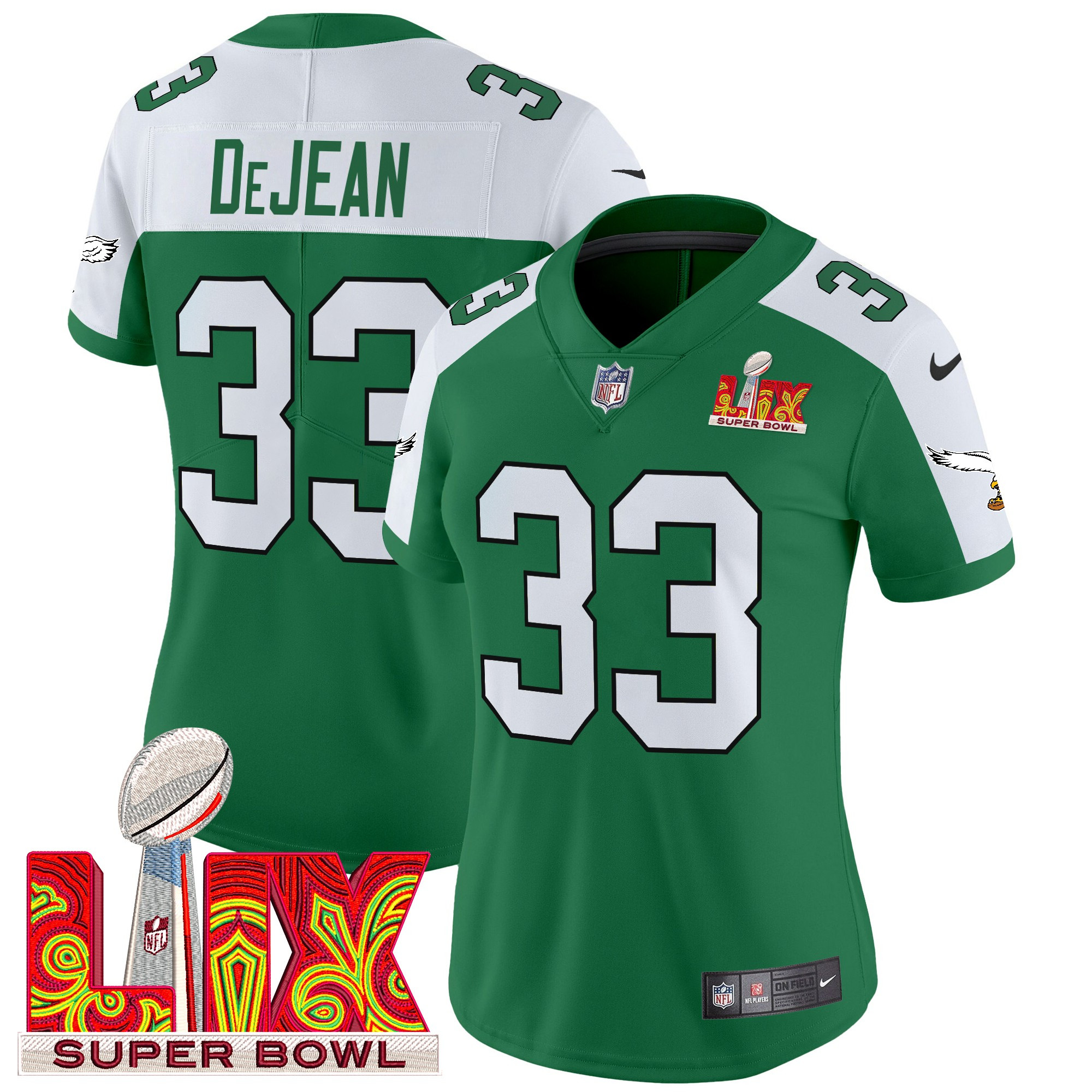 Cooper DeJean Women's Philadelphia Eagles Kelly Green Super Bowl LIX Patch Vapor Limited Kelly Alternate Jersey - All Stitched
