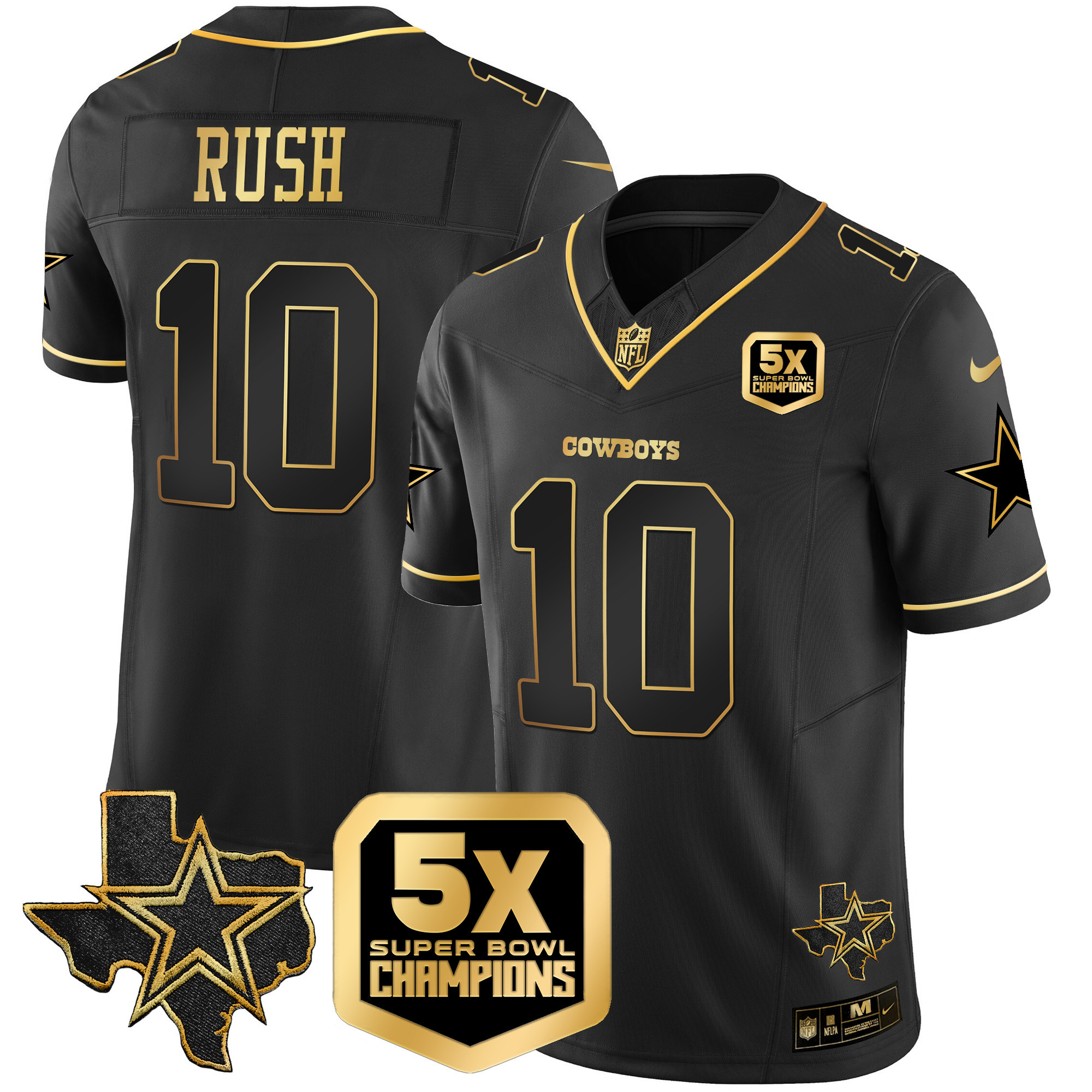 Cooper Rush Men's Dallas Cowboys 5x Super Bowl Champions Vapor Limited Black Gold Jersey - All Stitched