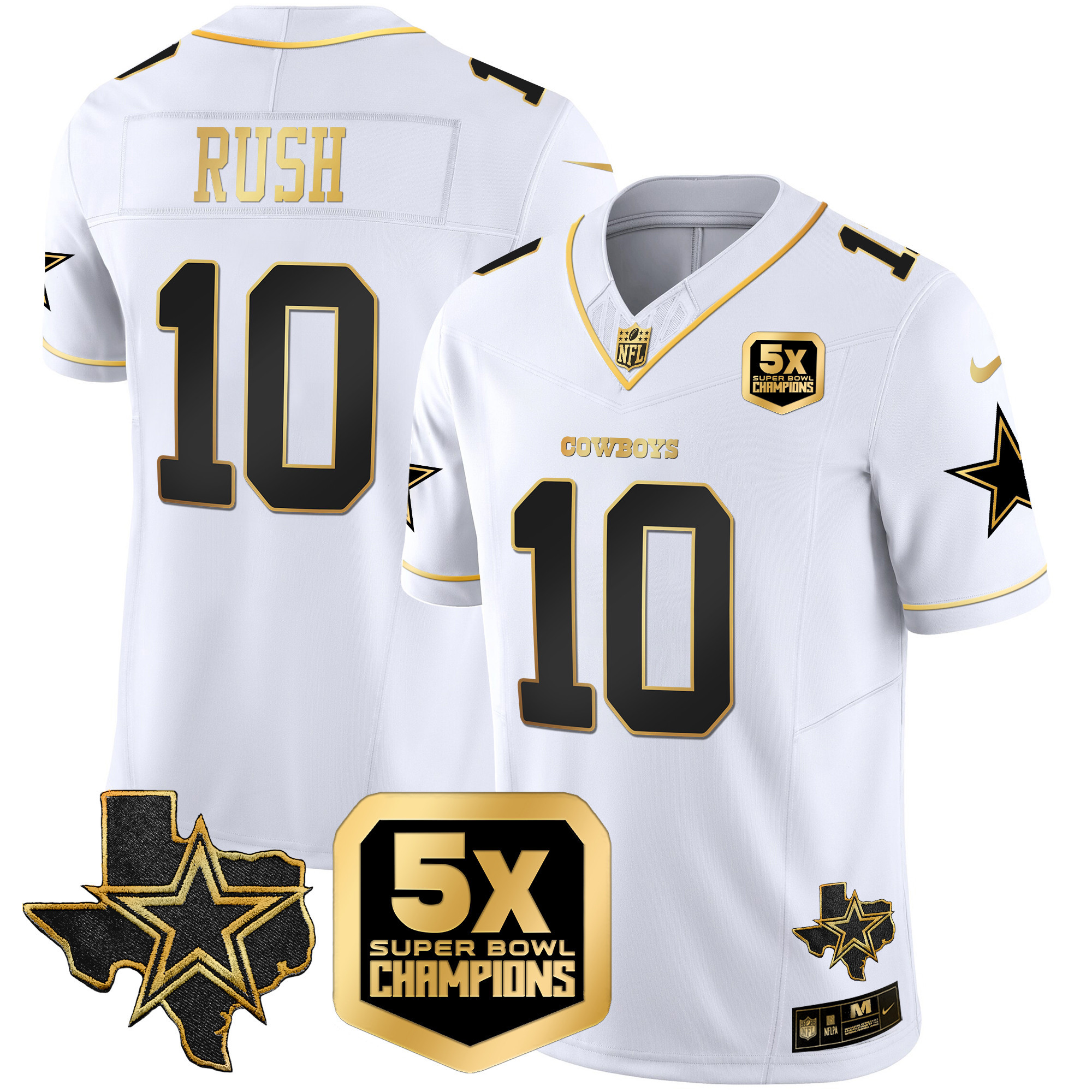 Cooper Rush Men's Dallas Cowboys 5x Super Bowl Champions Vapor Limited White Gold Jersey - All Stitched