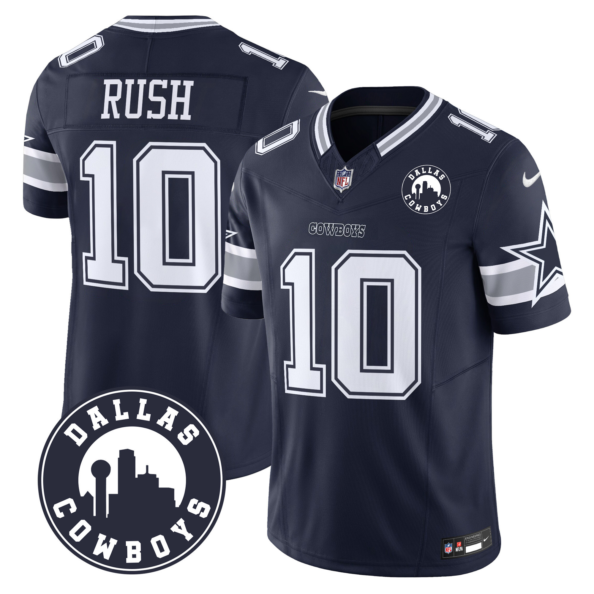 Cooper Rush Men's Dallas Cowboys "Dallas City" Patch Vapor Limited Navy Jersey - All Stitched
