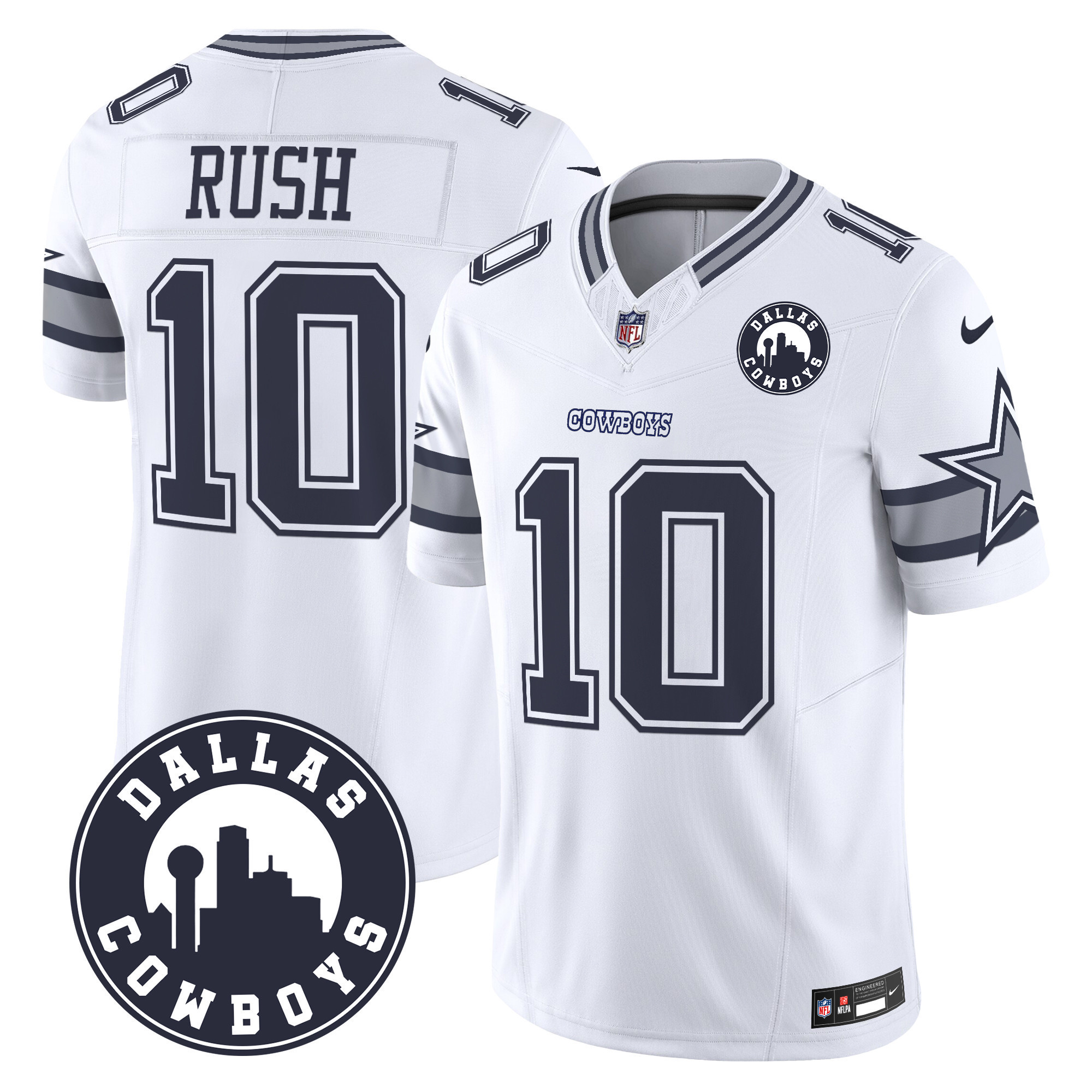 Cooper Rush Men's Dallas Cowboys "Dallas City" Patch Vapor Limited White Jersey - All Stitched