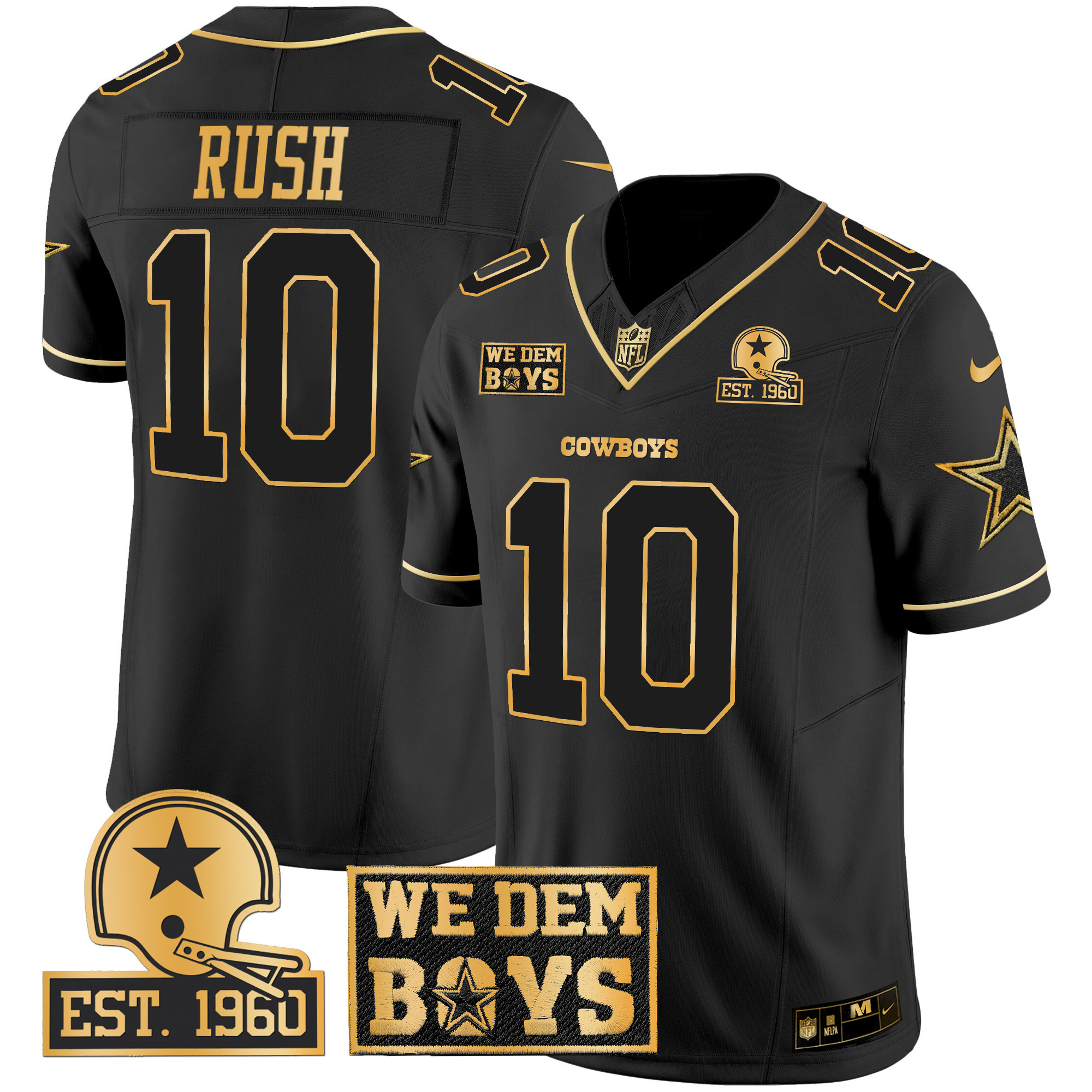 Cooper Rush Men's Dallas Cowboys Est. 1960 & We Dem Boyz Patch Gold Vapor Limited Black Gold Jersey - All Stitched